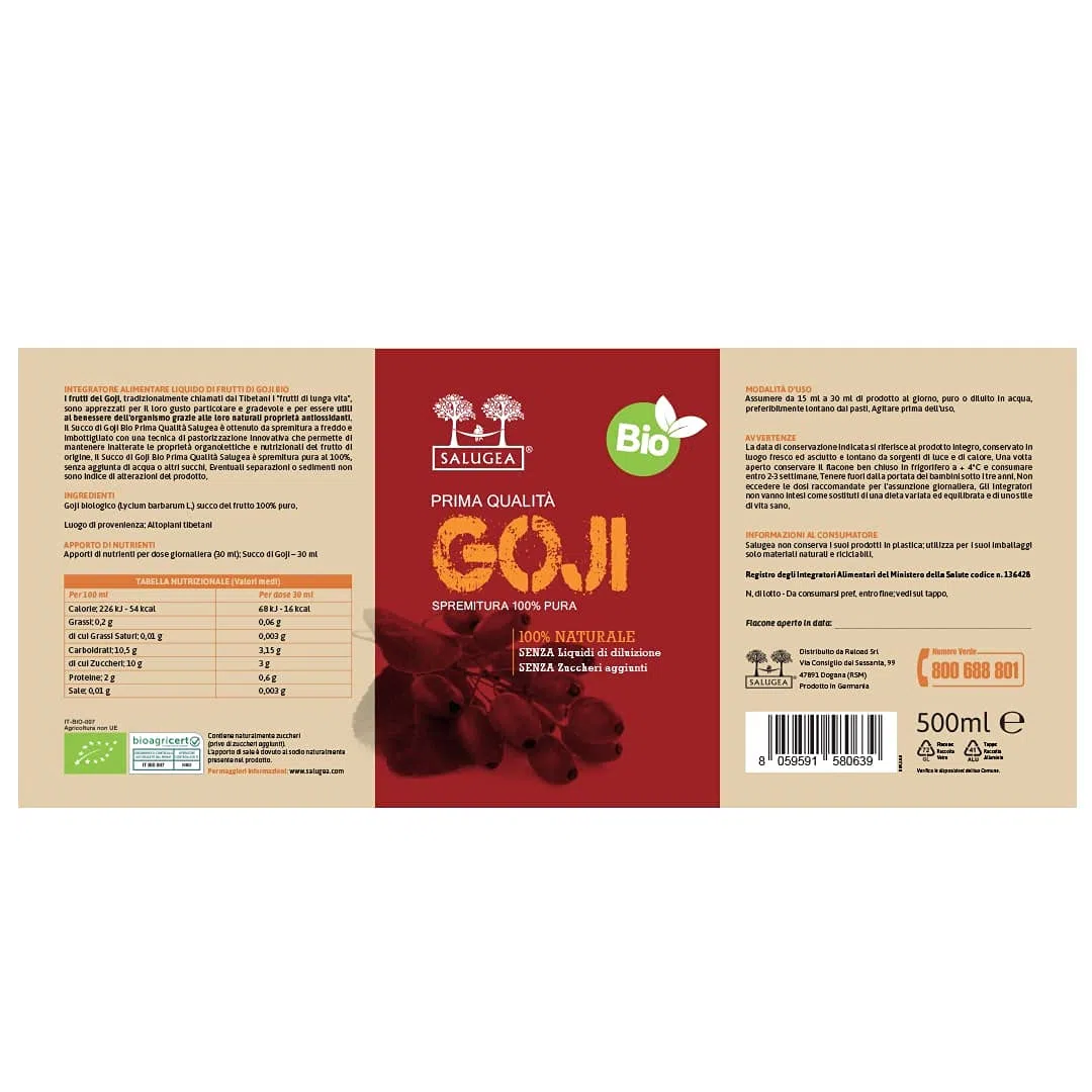 SUCCO DI GOJI BIO Salugea - 100% Puro e Naturale - Integratore energizzante e saziante, ricco di vitamine, sali minerali e aminoacidi - 500 ml - Flacone in vetro scuro farmaceutico