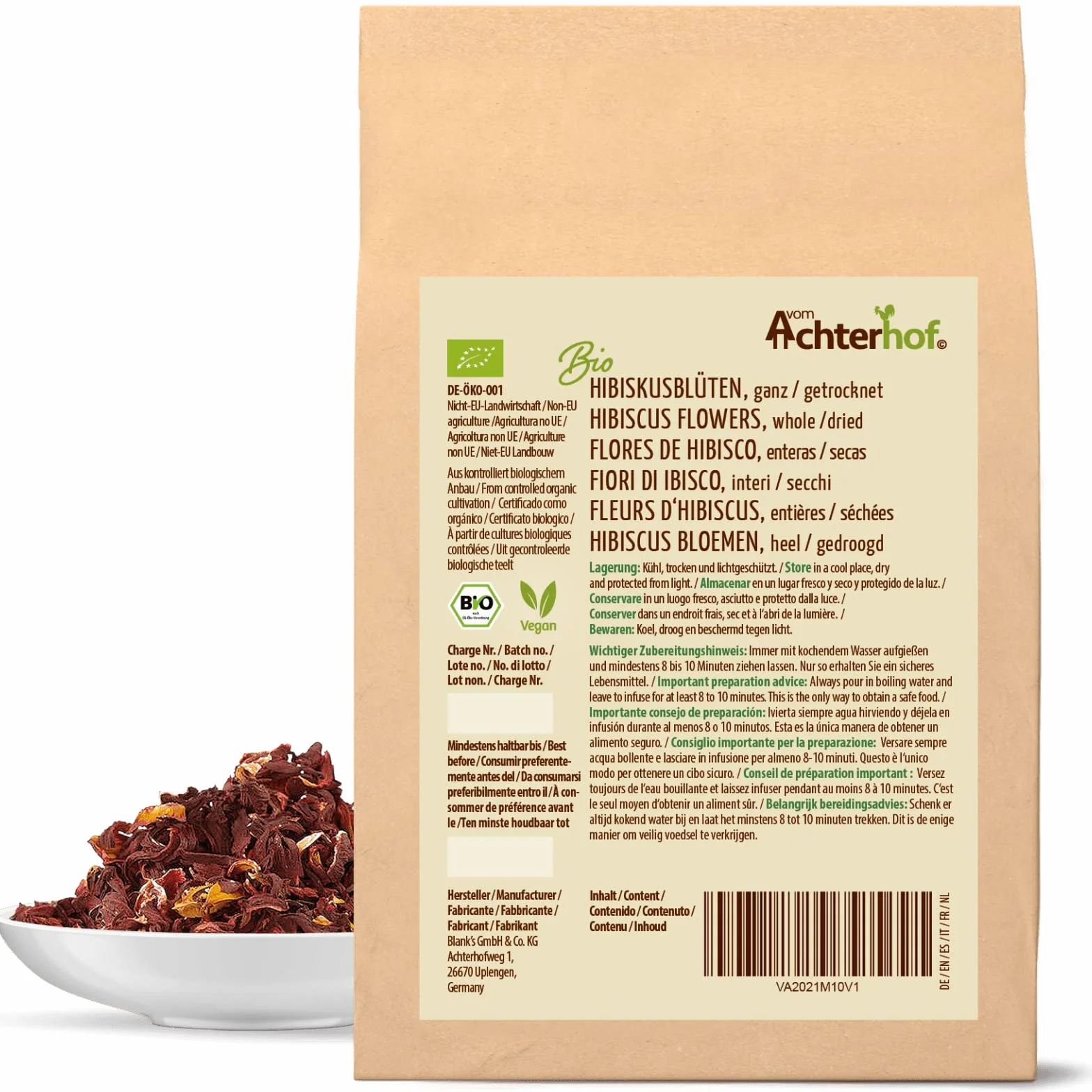 Fiori di ibisco biologici secchi interi 1000g | gusto leggermente acido-fruttato | in qualità biologica | tè di ibisco dolce-aromatico | ideale per insalate, dessert, torte, joguhrts | vom Achterhof