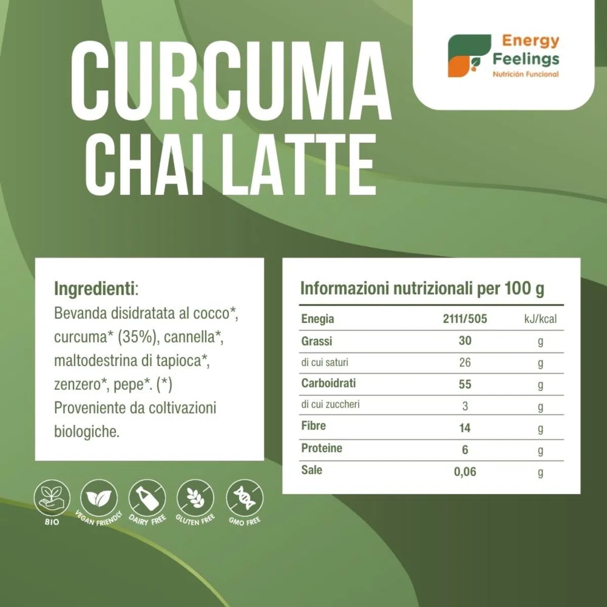 Energy Feelings Curcuma Chai Latte in Polvere BIO 500g,Golden Milk, Latte Dorato. Antiossidante e Antinfiammatorio Naturale. Curcuma con Zenzero Pepe Nero e Cannella, Senza Glutine, Vegano