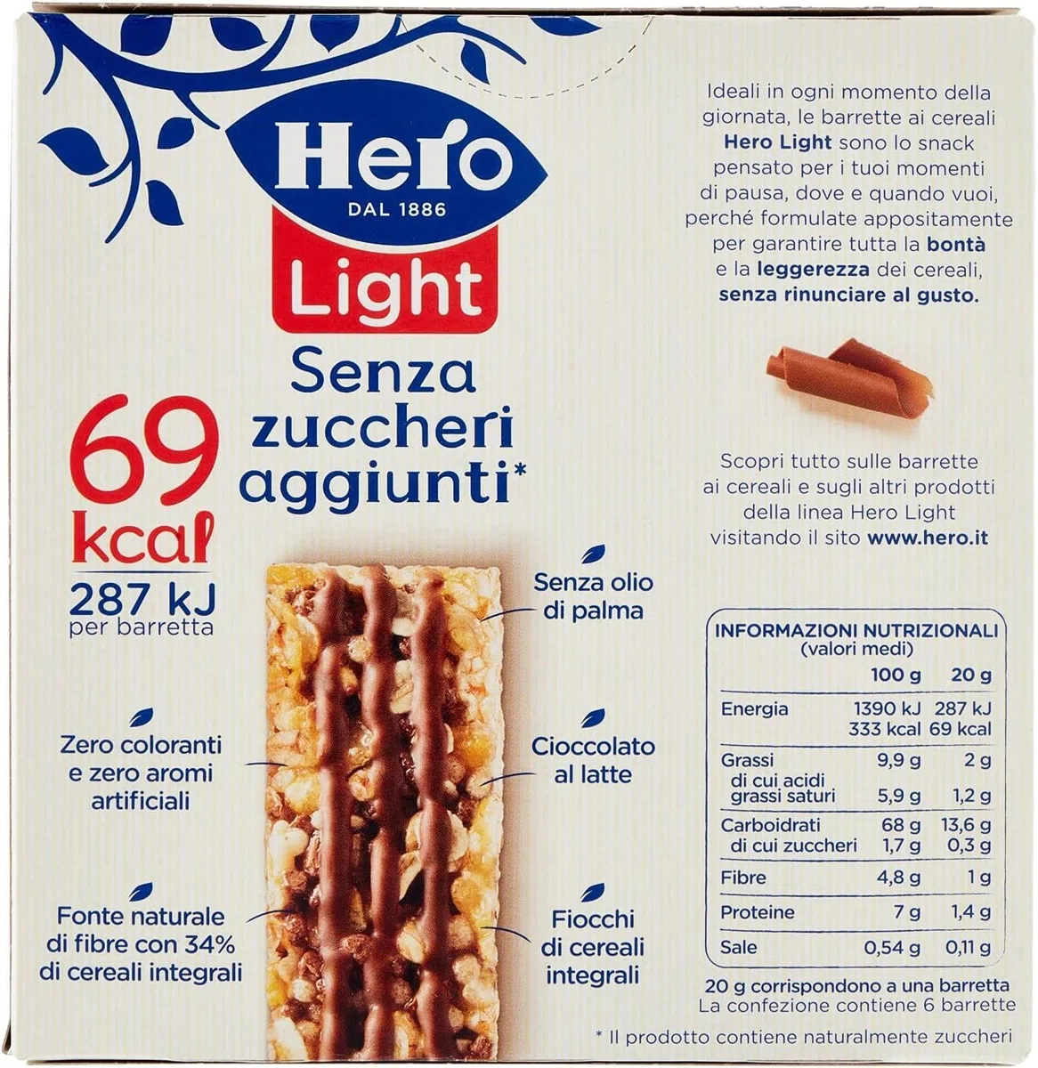 Hero Light Barretta ai Cereali con Cioccolato a Latte Senza Zuccheri Aggiunti 120g