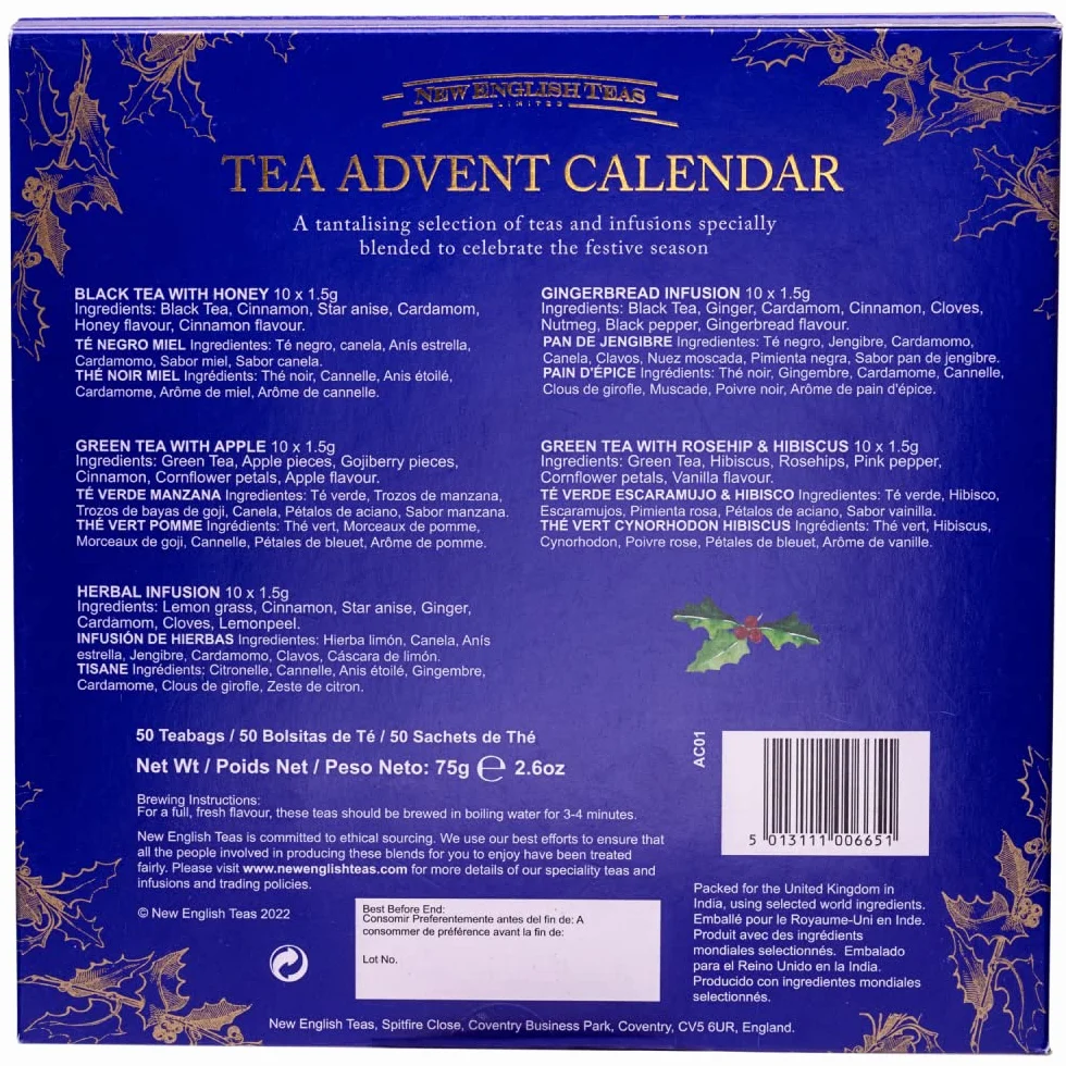New English Teas Calendario dell'Avvento con tè di Natale, 50 bustine di tè piramidali, 5 miscele di tè nero, frutta e erbe