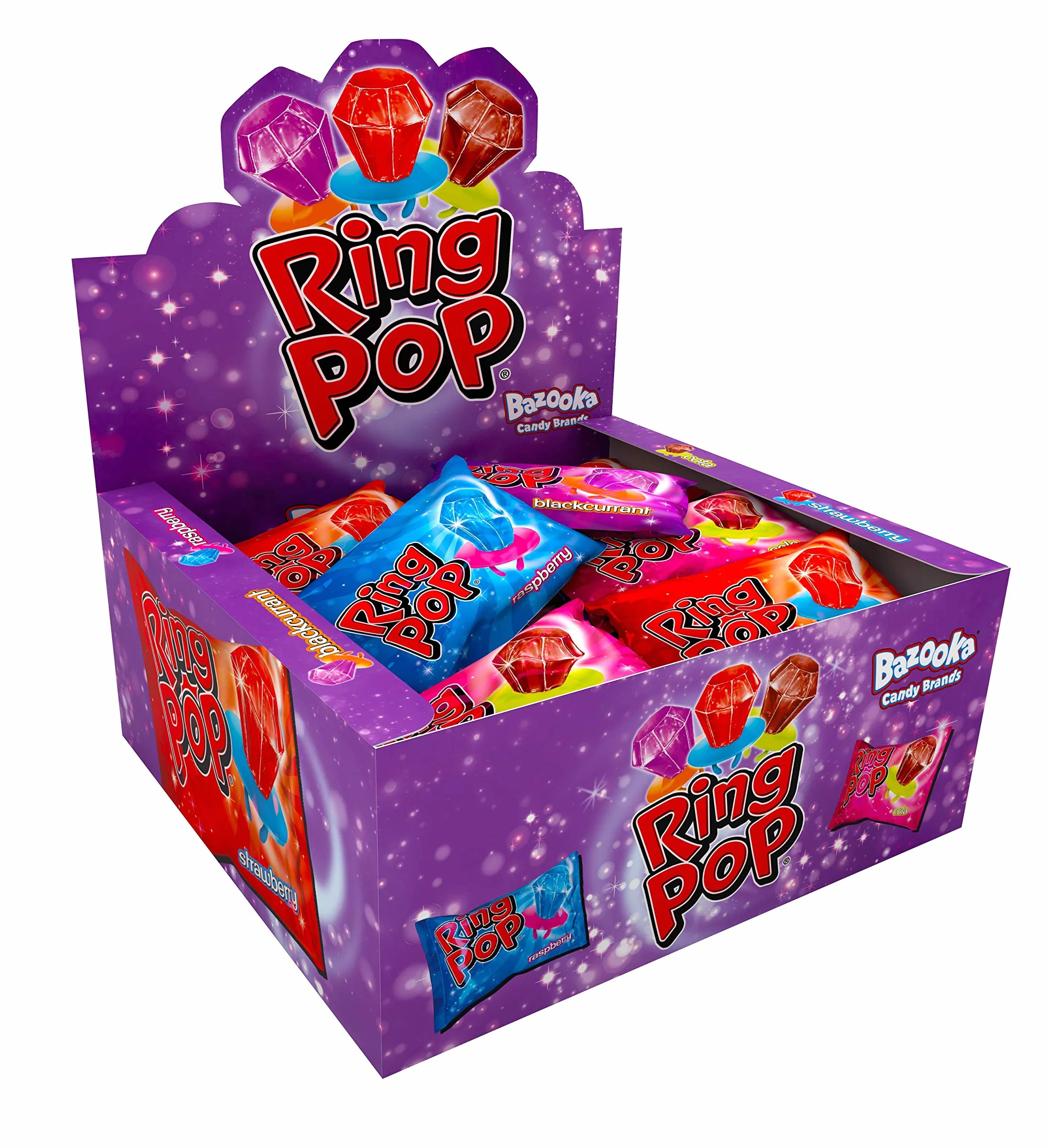 Ring Pop, confezione da 24 lecca-lecca dai sapori assortiti, gusti: lampone, fragola, cola e ribes nero