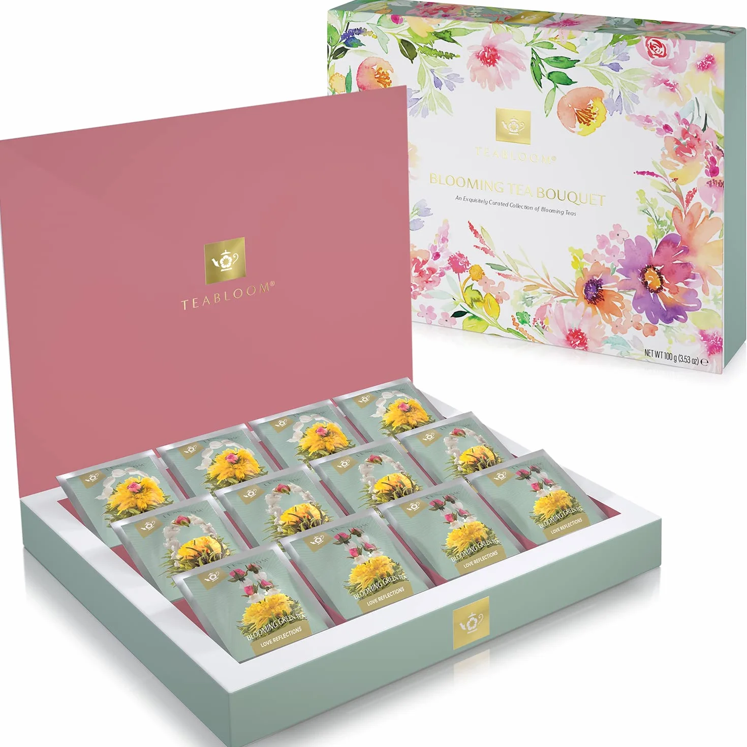 Teabloom Scrigno del Tè Fiorito – Collezione Curata di 12 Tè Gourmet in Fiore – Elegante Confezione Regalo Pronta da Donare