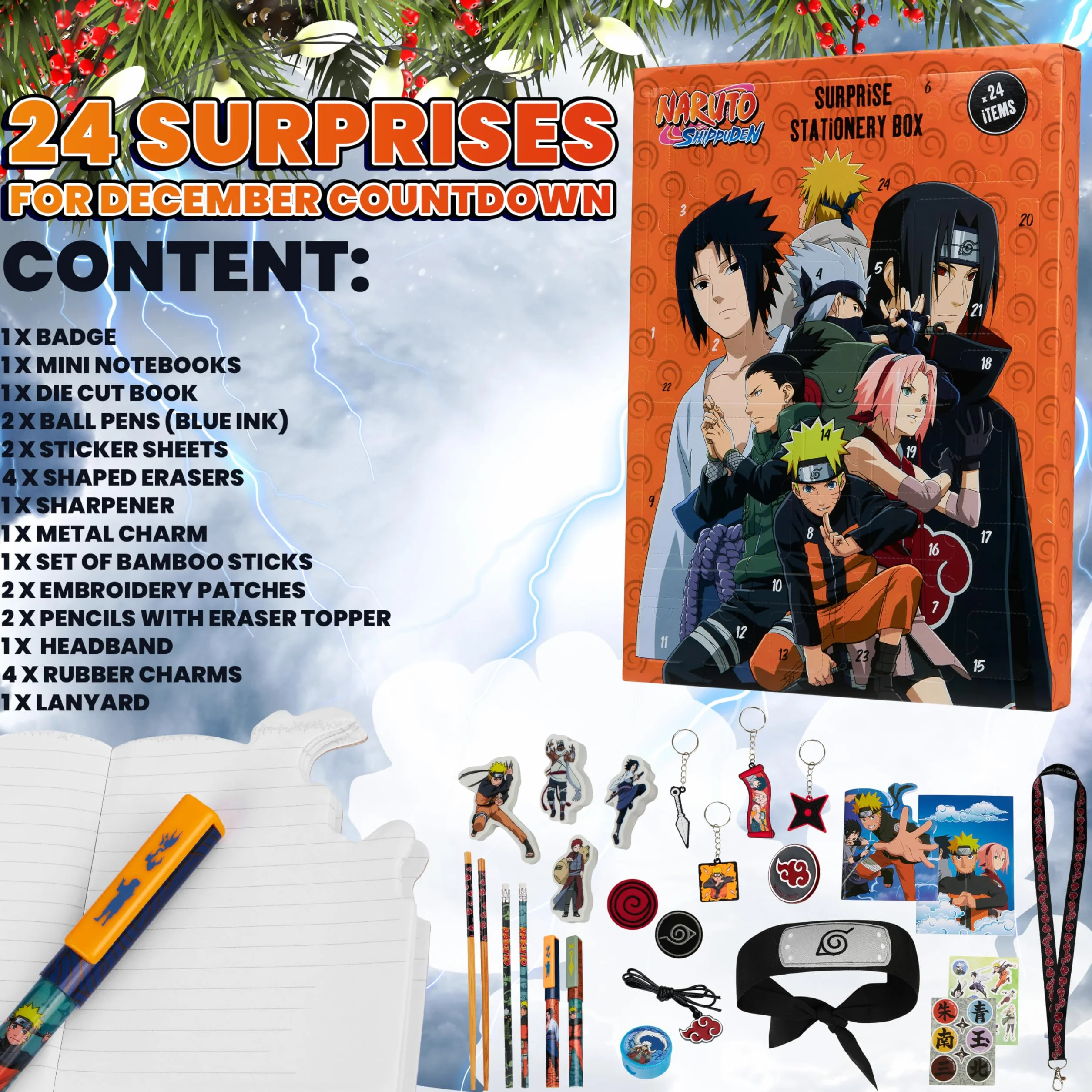 Naruto Calendario Avvento 2025 Cancelleria e Accessori Anime Countdown Natale Calendari Avvento Cartoleria Penne Adesivi Regalo per Bambino (Arancia)