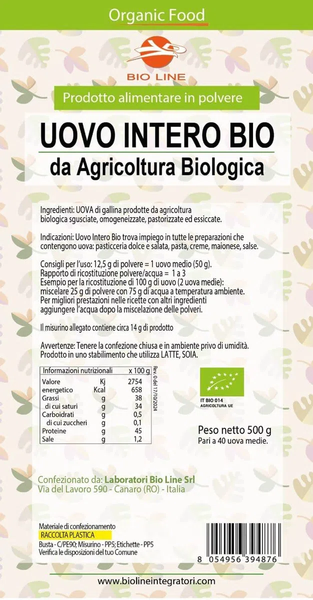 Laboratori Bio line - Uovo Intero in Polvere Bio da Agricoltura Biologica (500g) Prodotto Alimentare Ottenuto da Uova di Gallina, Indicato per Preparazione Dolci e Alimenti da Forno (500gr, Biologico)