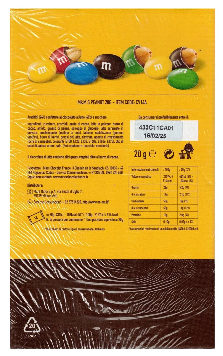 M&M's Peanut Arachidi Confettate al Cioccolato al Latte, Box Bocca di Lupo con 60 Mini Porzioni da 20g