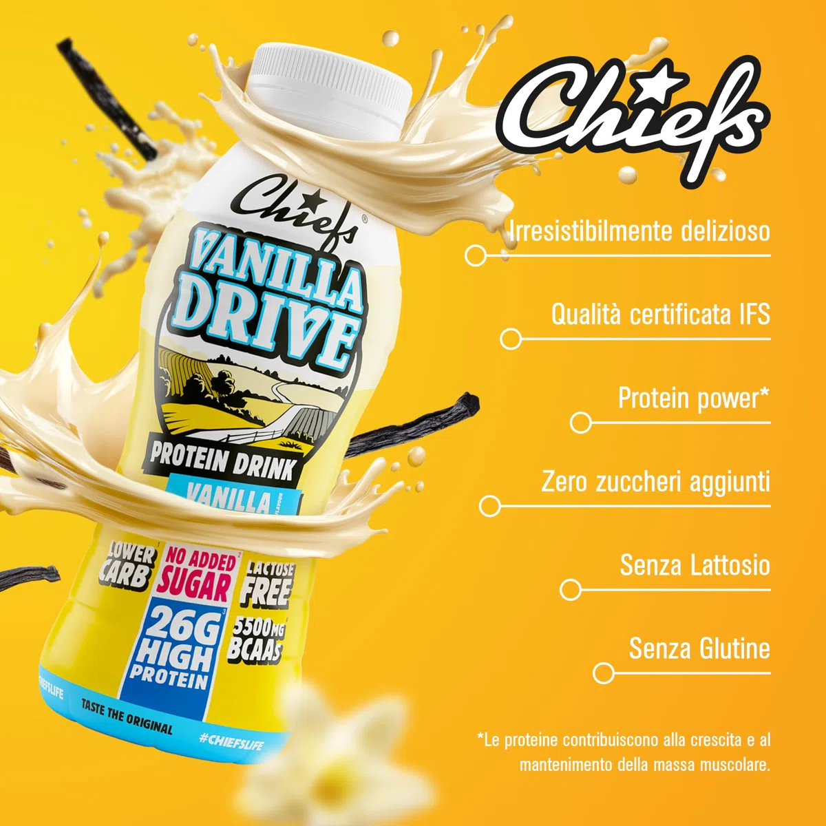 Chiefs Drink 26g di proteine, Bevanda Proteica al gusto Vaniglia, Senza Lattosio, Senza Grassi e Zuccheri Aggiunti (8 confezioni x 330ml)