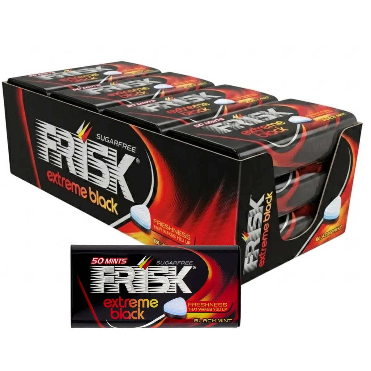 Frisk Extreme Black | Caramelle Dure Gusto Menta Forte | Senza Zucchero | Espositore da 12 Astucci in Metallo