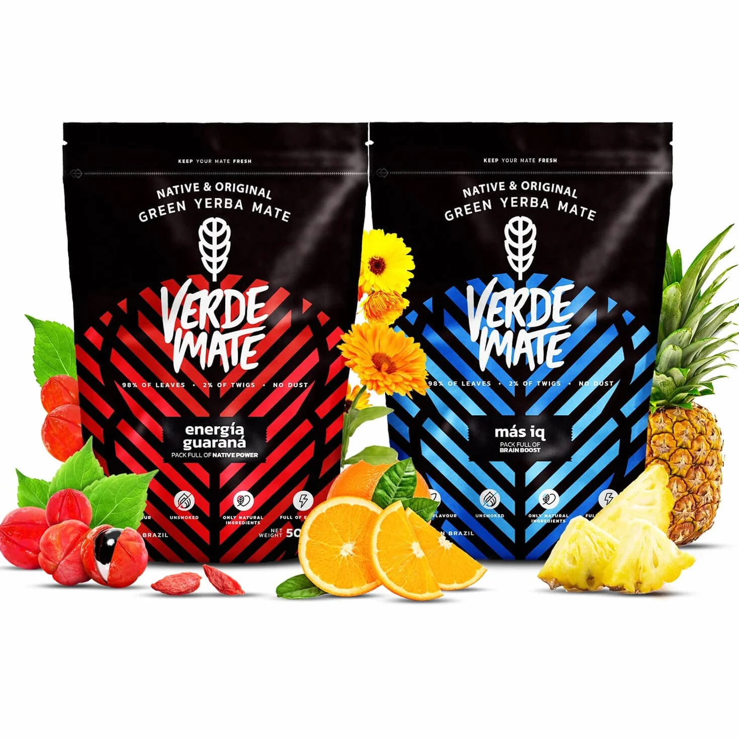 Verde Mate Yerba Mate Energizzante Set 1kg (2x500g) | Guaranà, Ginseng, Ginkgo Biloba | Yerba Mate Verde Brasiliana | Gusto Delicato