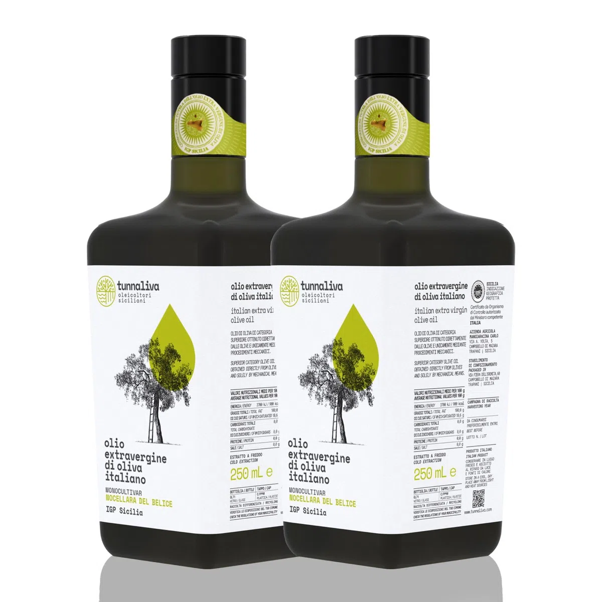 Olio EVO Tunnaliva - Olio Extra Vergine di Oliva Italiano - 100% Nocellara del Belice - IGP Sicilia - Set N.2 Bottiglie 250 mL