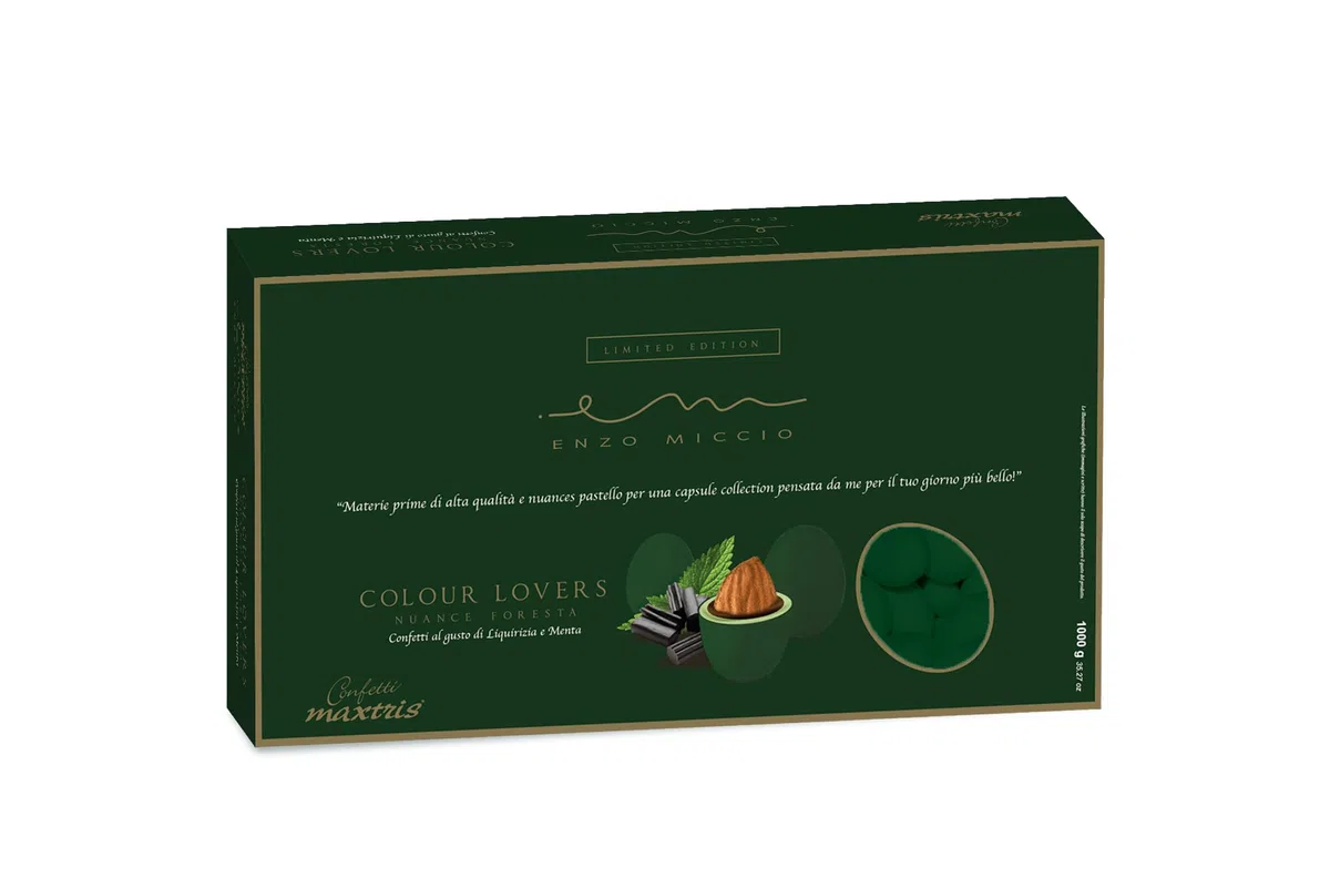 Confetti Maxtris "Enzo Miccio" Ciocomandorla gusto Liquirizia e Menta nuance Foresta, scatola 1 kg