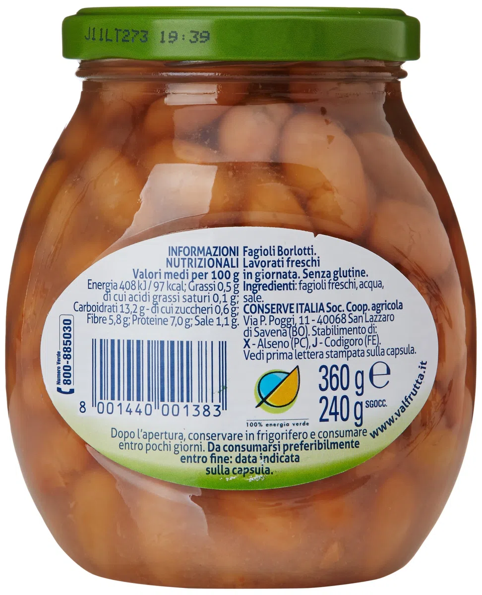 Valfrutta Fagioli Borlotti Italiani, Lavorati Freschi senza Glutine - 360 gr