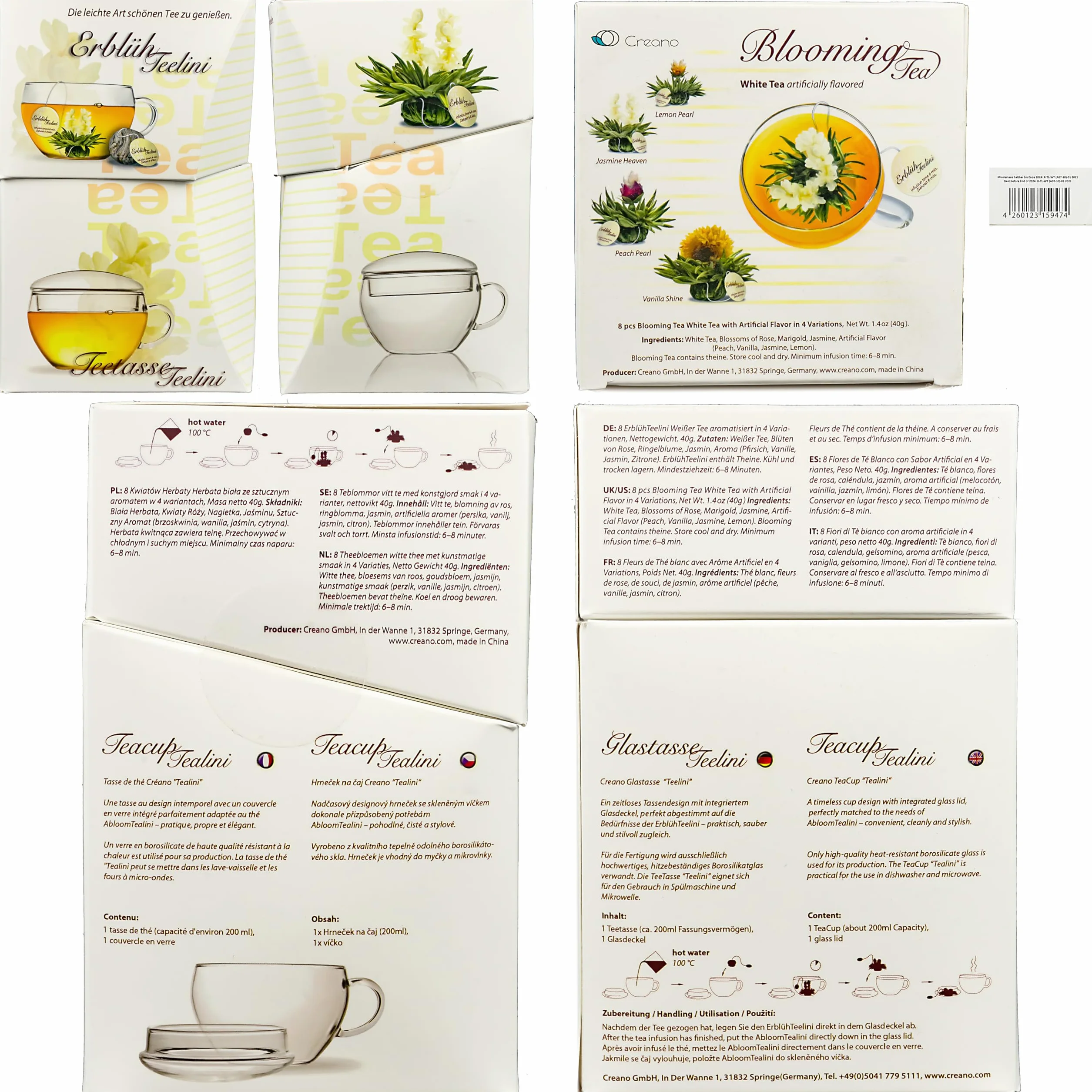 Creano Set Regalo Fiori di Tè Bianco "Tèlini" – 8 Tè Fiorito con Tazza da 200ml – Ideale per Bere in Tazza, Esperienza Gourmet, Perfetto Regalo