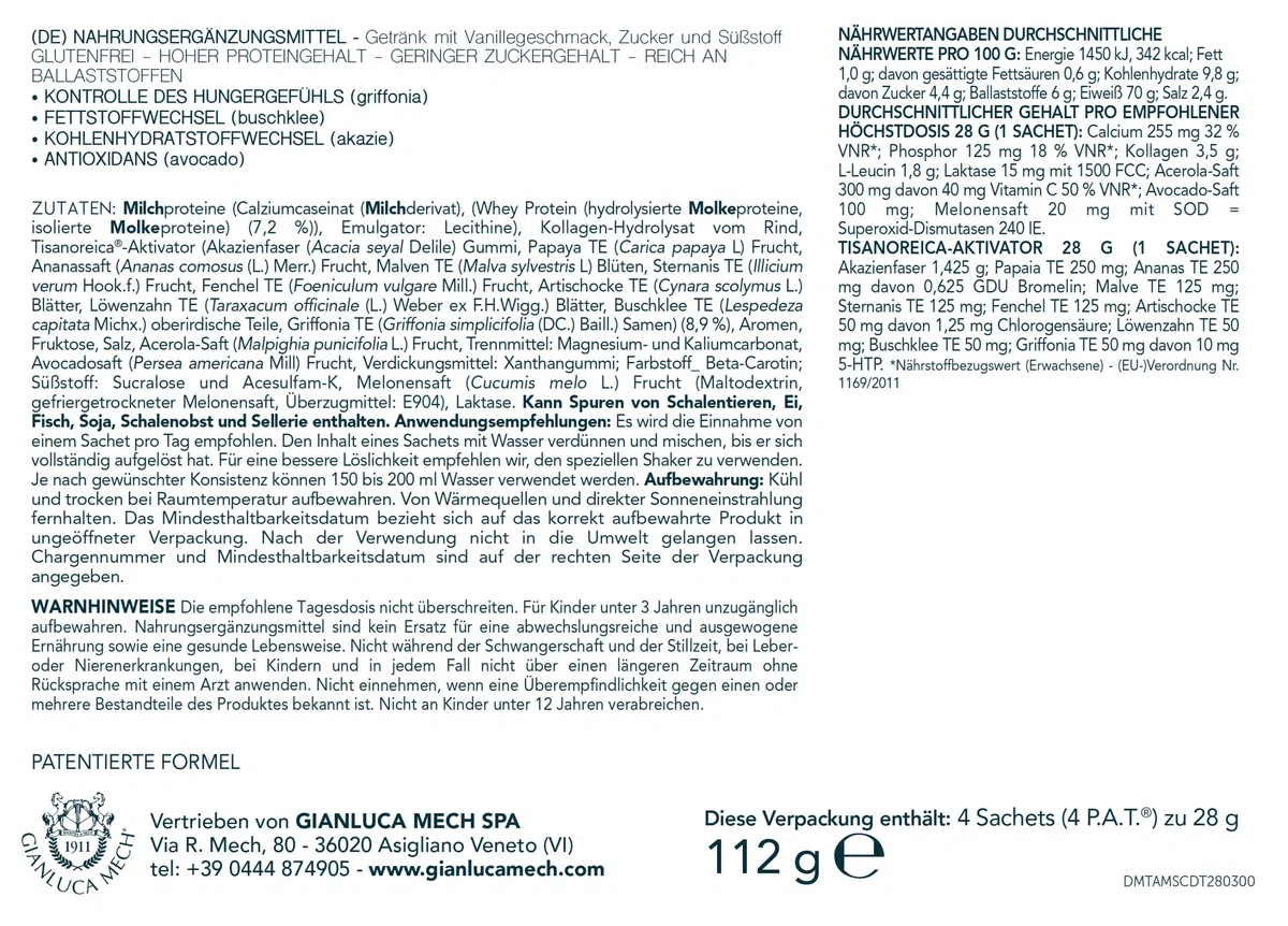 Gianluca Mech | Tisanoreica Bevanda Proteica al Gusto di Vaniglia, 4 x 28g, Integratore Alimentare Keto con Acacia, 341kcal per 100g (Confezione da 2)