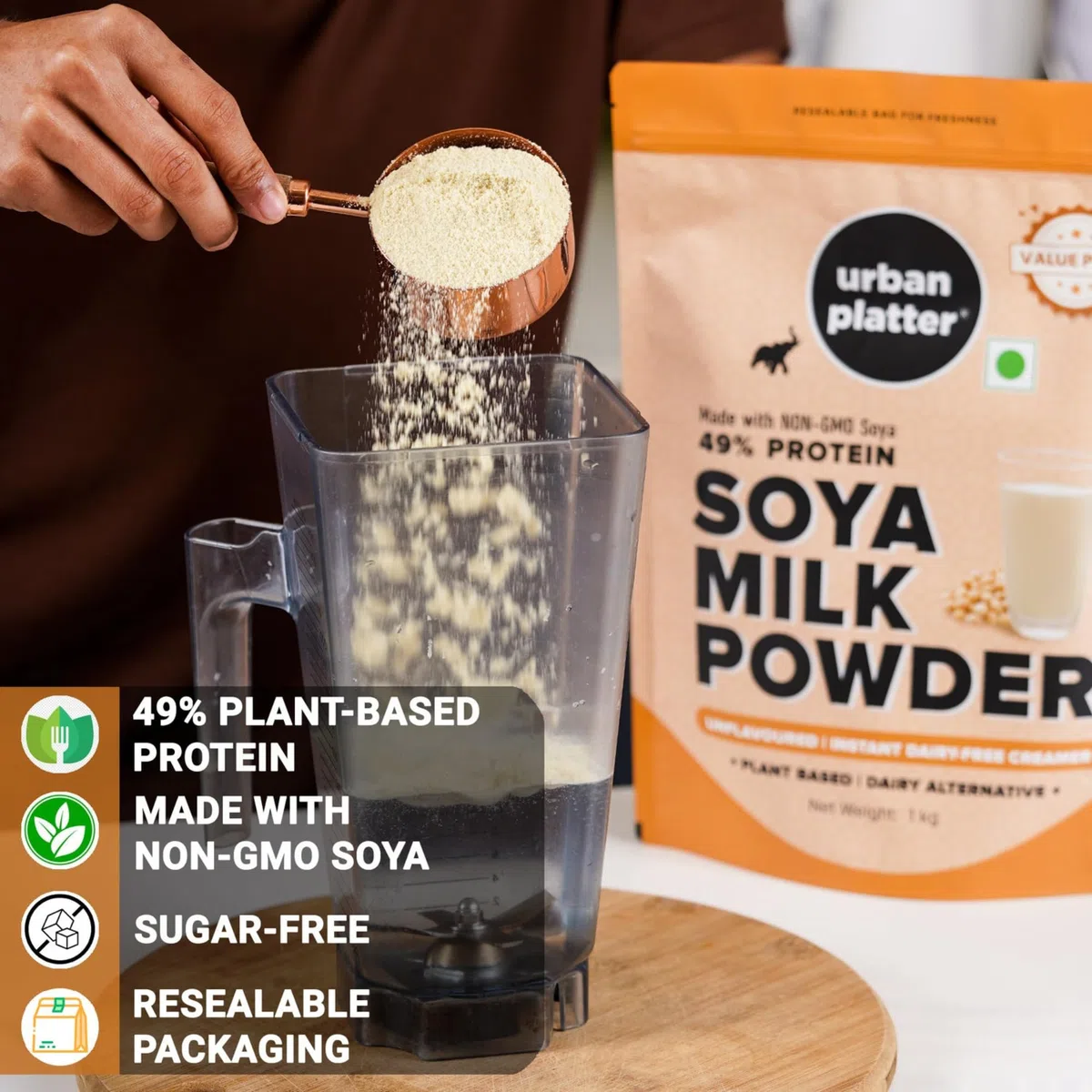 Latte di soia in polvere, 1 kg [alternativa a base vegetale/latte, non OGM e 49% di proteine]
