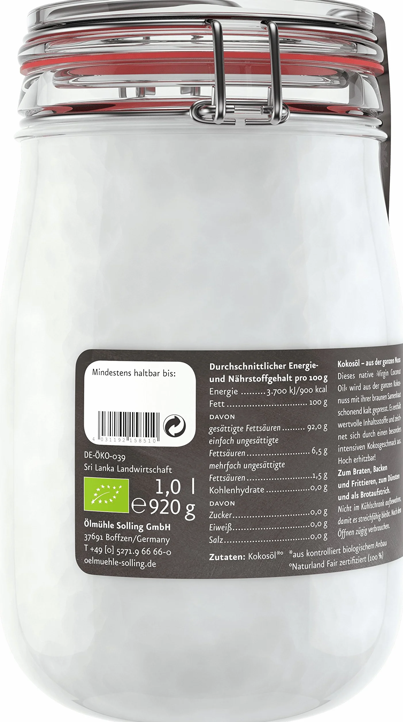 Ölmühle Solling Bio & Naturland - Olio di cocco Fair in barattolo da 1000 ml
