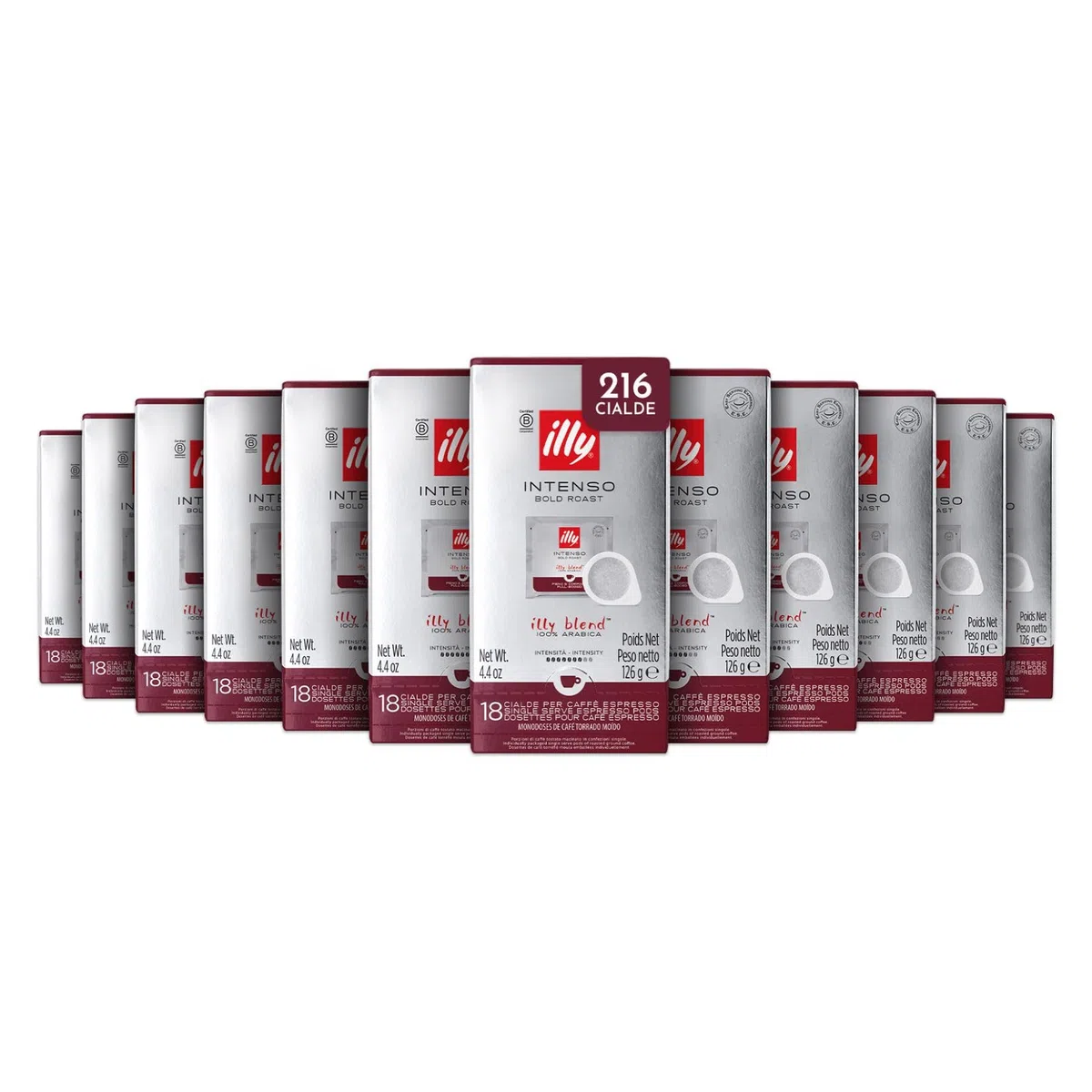 illy, Caffè in Cialde E.S.E Monodose Tostato INTENSO, 100% Arabica con Note di Cacao e Frutta Secca, Retrogusto Pieno e Corposo, 12 Confezioni da 18 Cialde Compostabili