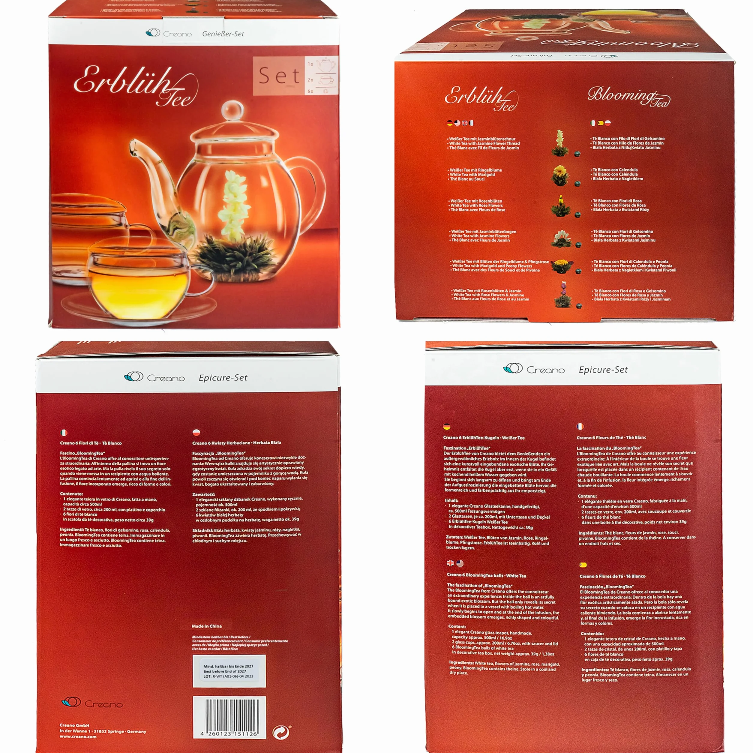 Creano Mix Gourmet Set Regalo Fiori di Tè Bianco in 6 Varietà – Include Caraffa in Vetro 500ml e 2 Tazze 200ml – Set Tè Fiorito per compleanno, natale, occasioni speciali