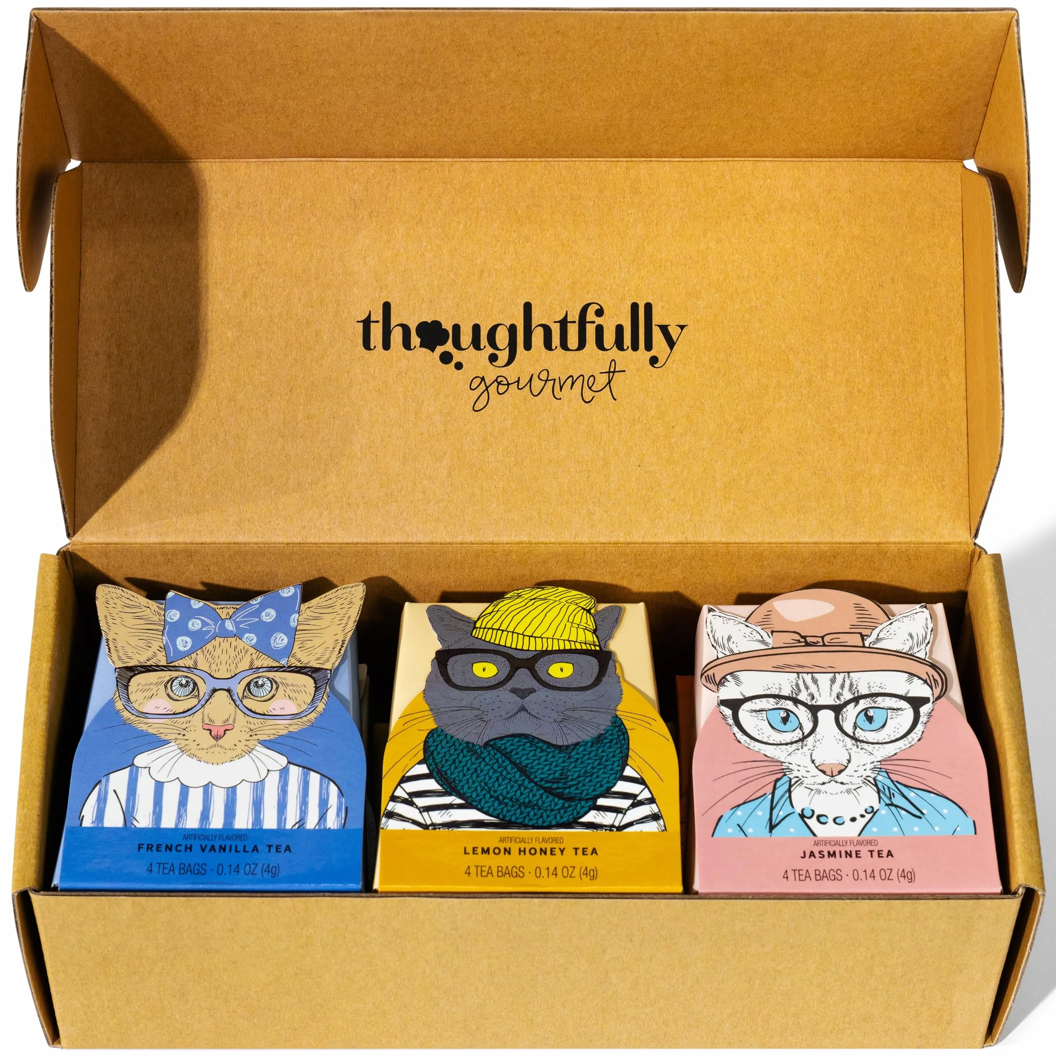 Thoughtfully Gourmet, set regalo per amanti dei gatti, include 24 tè in 6 gusti con elegante arte del gatto e citazioni divertenti per gatti mamme e papà gatto, set da 24