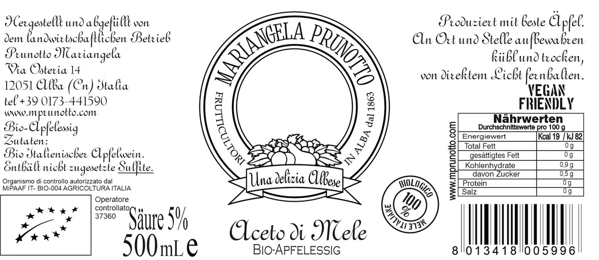 Azienda Agricola Prunotto Mariangela - 6 Bottiglie Aceto di Mele Biologico, Integrale, Non Filtrato, Non Pastorizzato, Con Madre, 500 ml (6x500g)