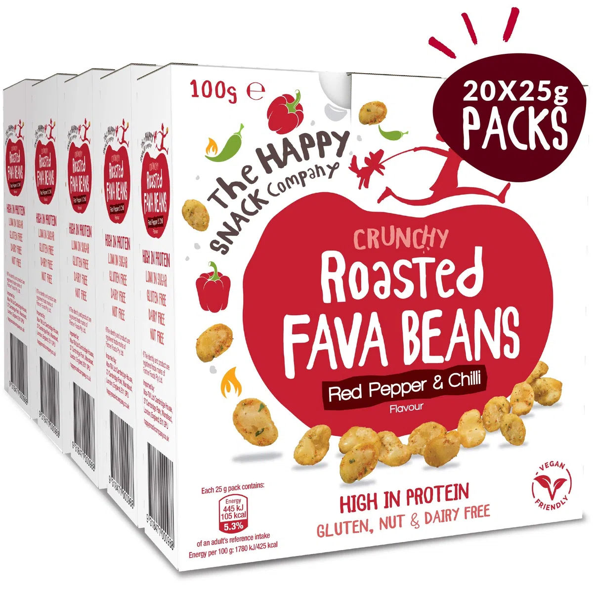 The Happy Snack Company Fave arrostite, pepe rosso e peperoncino Sapore spuntino sani, ad alto contenuto proteico, senza glutine, vegani, 105 calorie, 25 g, confezione da 20