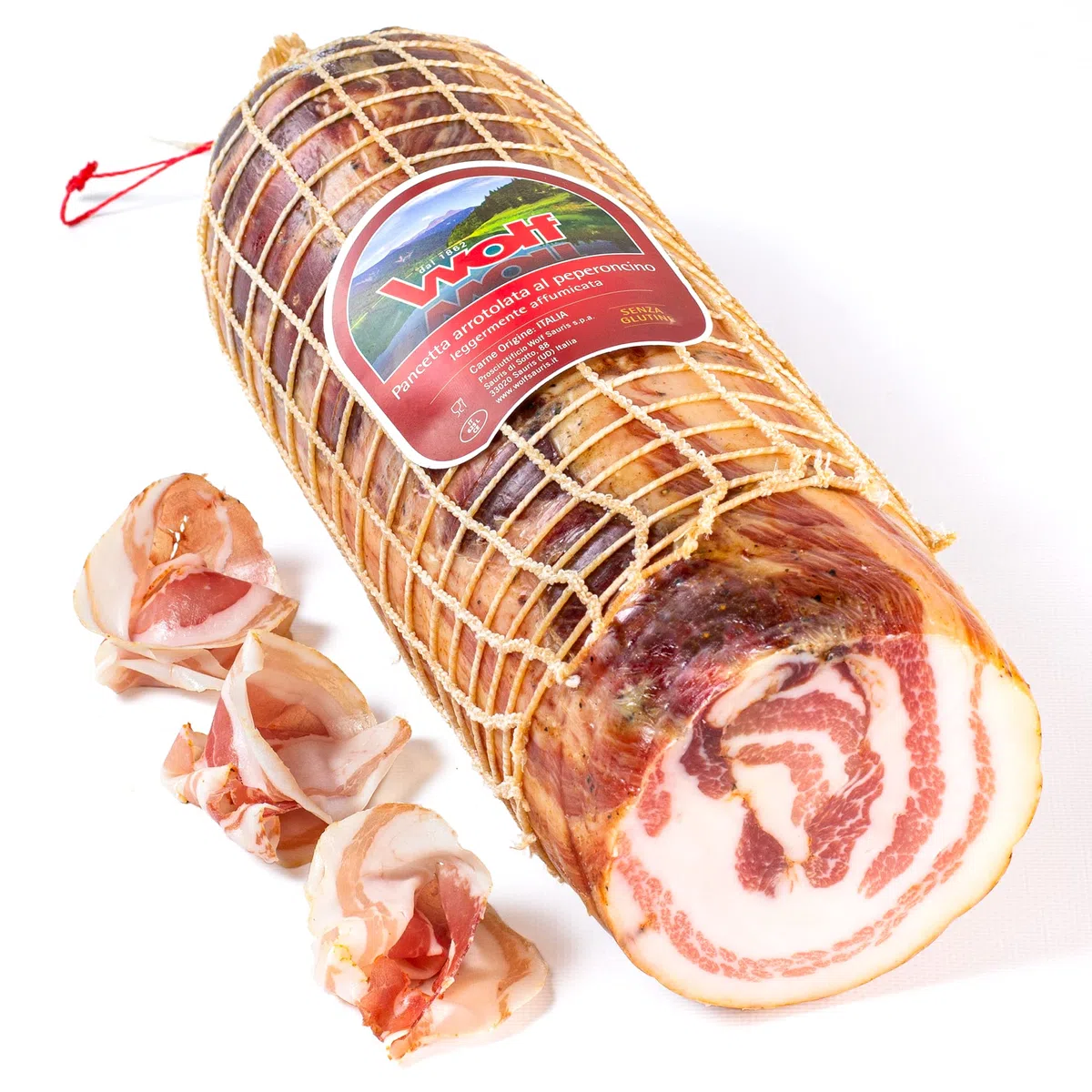 Wolf, Pancetta Arrotolata al Peperoncino, Trancio, Leggera Affumicatura con Legno di Faggio, 100% Carne da Allevamenti Italiani, Senza Glutine, Sottovuoto, 1 kg (min. netto garantito)