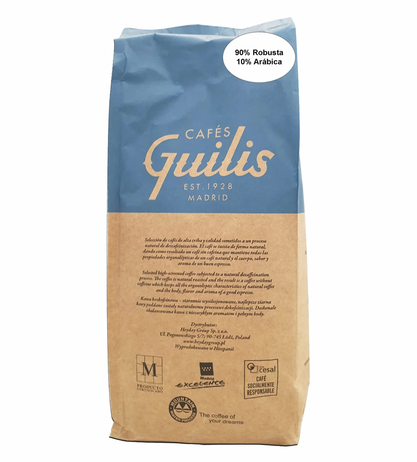 CAFES GUILIS DESDE 1928 AMANTES DEL CAFE Caffè Decaffeinato Intenso in Grani – 1kg – Miscela Naturale 100% – Aroma Ricco e Corposo – Senza Caffeina – Ideale per Espresso e Macchine da Caffè