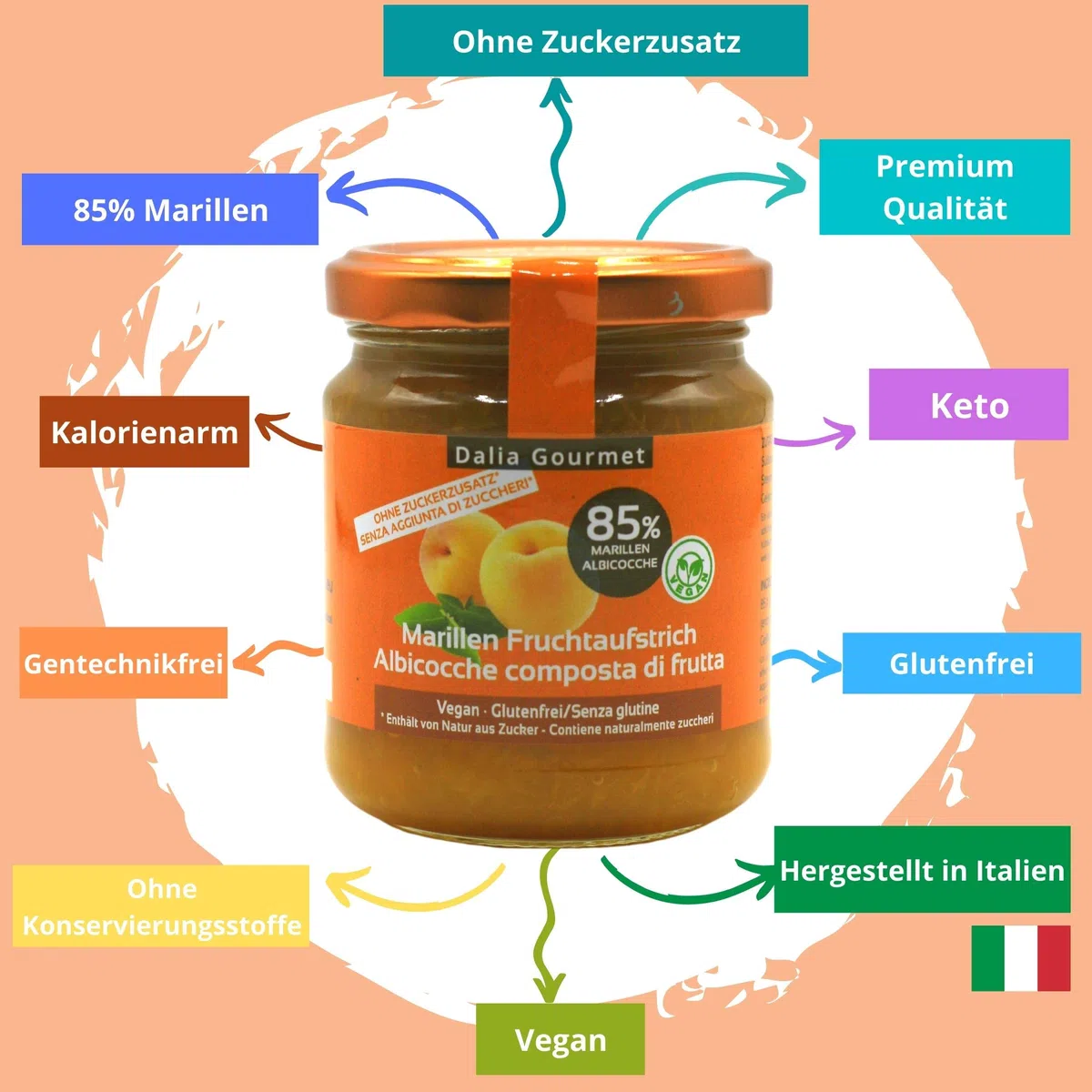 Dalia - Composta di frutta 85% | Senza aggiunta di zuccheri con ERITRITOLO - STEVIA | Prodotto artigianale italiano | 4 pezzi da 220 g | Albicocche