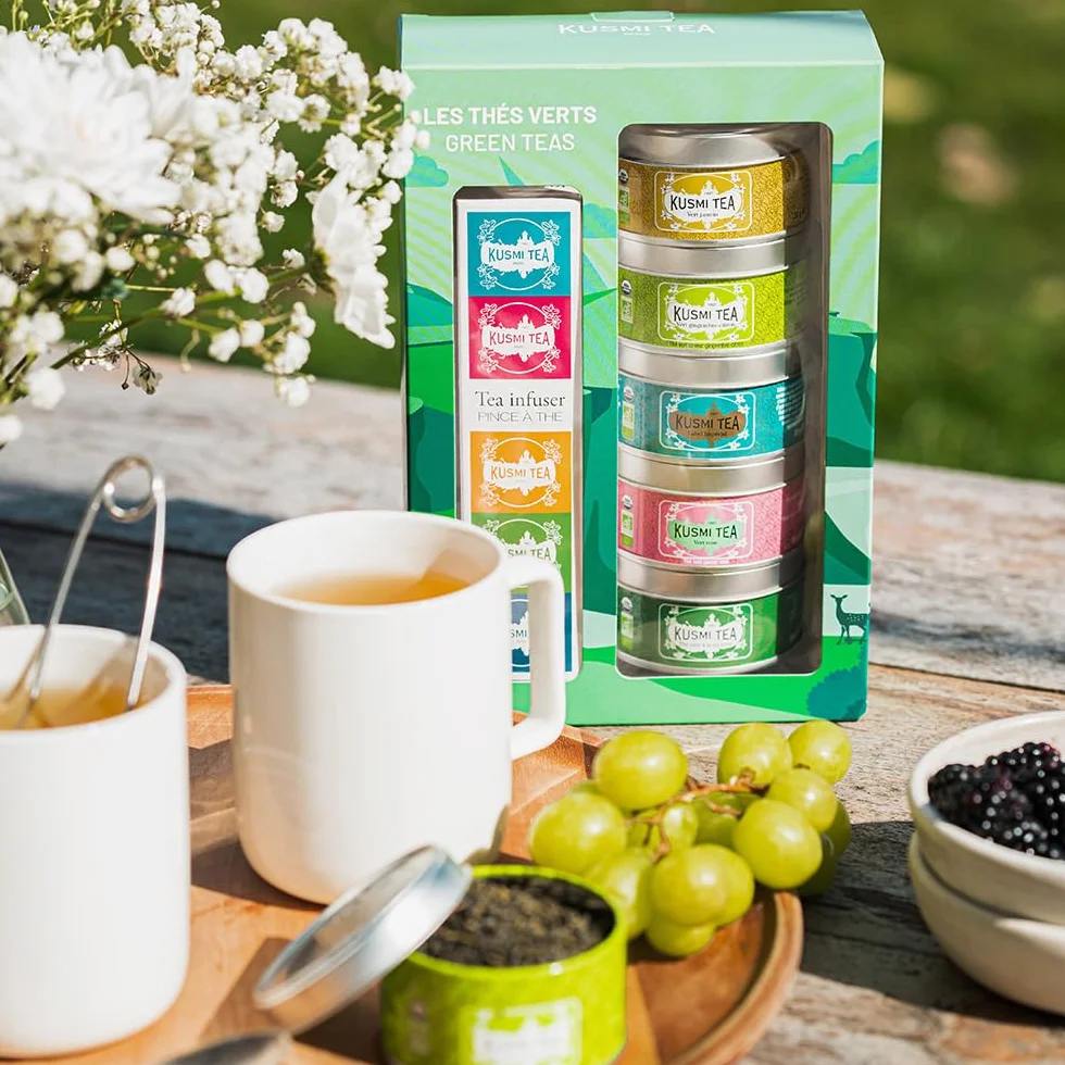 Kusmi Tea - Confezione Regalo di Tè Verdi Biologici Con Infusore - Cofanetto per Uomini e Donne - Verde alla Menta, al Gelsomino - Foglie Sfuse - 5 Scatole in Metallo da 25g