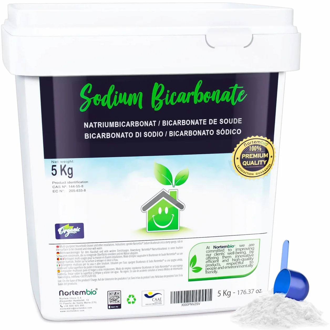 Nortembio Bicarbonato di Sodio 5 Kg 100% Naturale per Pulizia Multiuso. Senza Alluminio. Elimina Odori e Sporco. Cucina, Bagno, Tessuti. E-Book Incluso