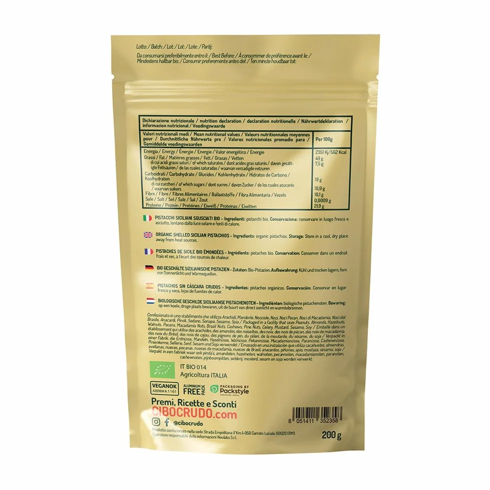 CiboCrudo Pistacchi Crudi Sgusciati Bio Raw Organic, Non Tostati, Non Salati, Origine Sicilia, Al Naturale, Fonte di Acidi Grassi, Fibre, Vitamina E, B1, B6, Antiossidanti – 200 gr