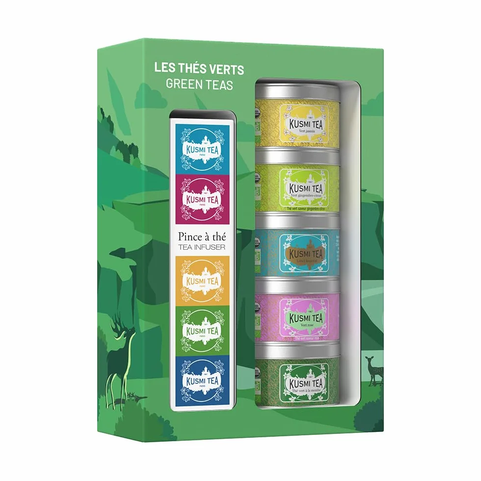 Kusmi Tea - Confezione Regalo di Tè Verdi Biologici Con Infusore - Cofanetto per Uomini e Donne - Verde alla Menta, al Gelsomino - Foglie Sfuse - 5 Scatole in Metallo da 25g
