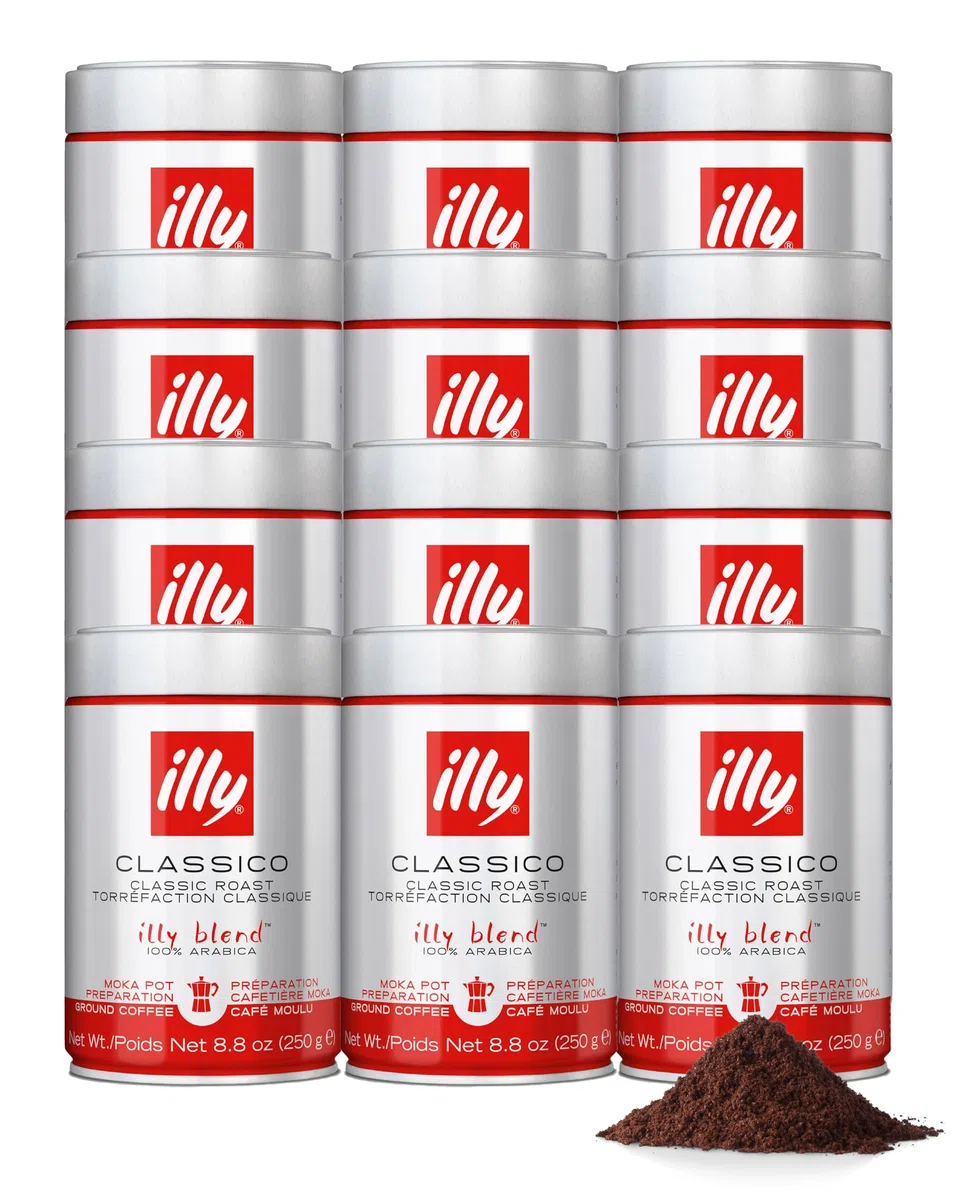 illy, Café moulu pour Moka Classic, 100% Arabica avec des Notes de Caramel, Fleur d'Oranger et Jasmin, Goût doux et arrière-goût sucré, Pack de 12 boites (12 x 250gr)