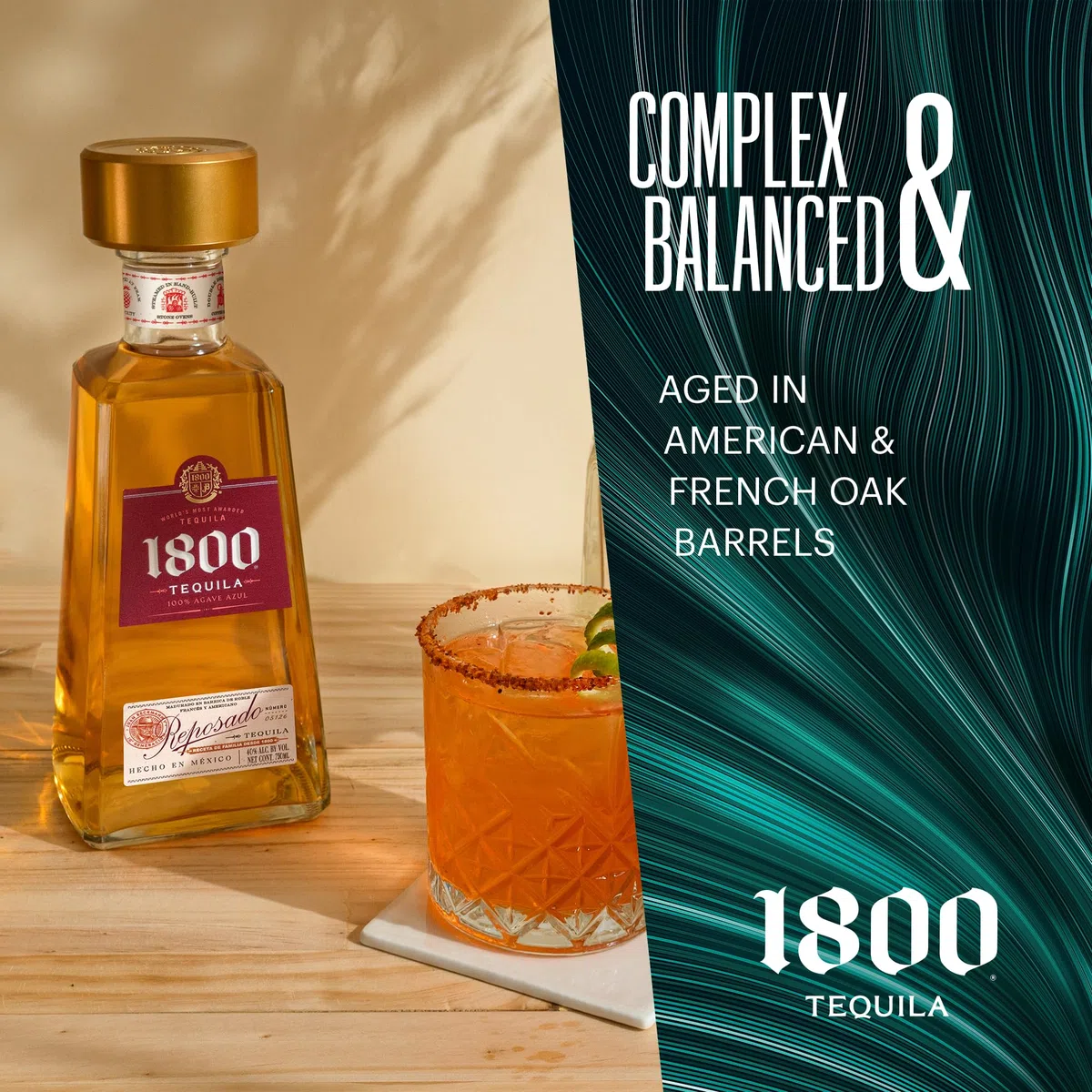 1800 Reposado 70cl - Tequila premium 100% Blue Agave invecchiato in botte. Note di caramello e spezie. 38% vol.