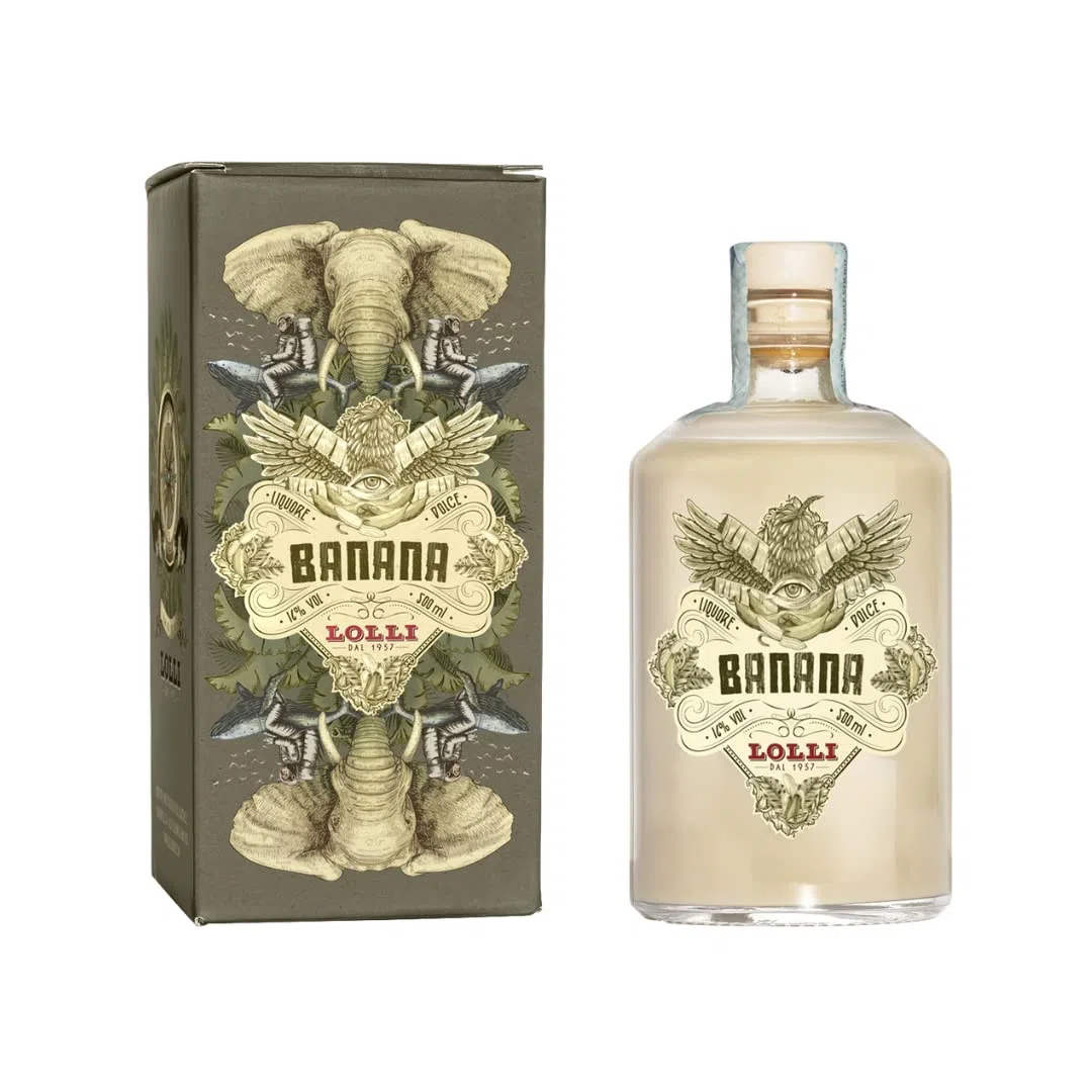 LOLLI Liquore alla banana, Liquore artigianale, bottiglia limited edition in astuccio serigrafato, 500 ml. 16% vol.