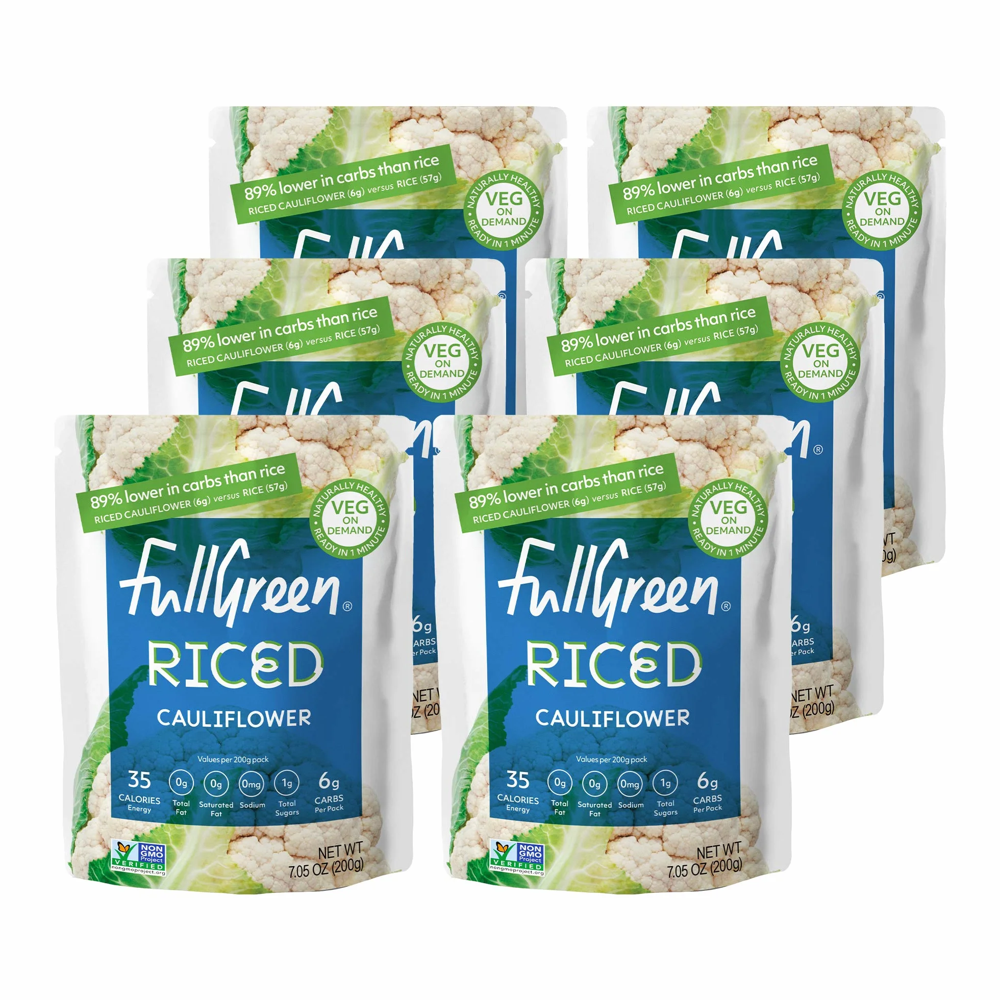 Fullgreen, Cavolfiore riso - 100% cavolfiore, 89% in meno di carboidrati rispetto al riso - Perfetto per diete KETO, NON OGM, stabile senza conservanti - confezione da 6 sacchetti
