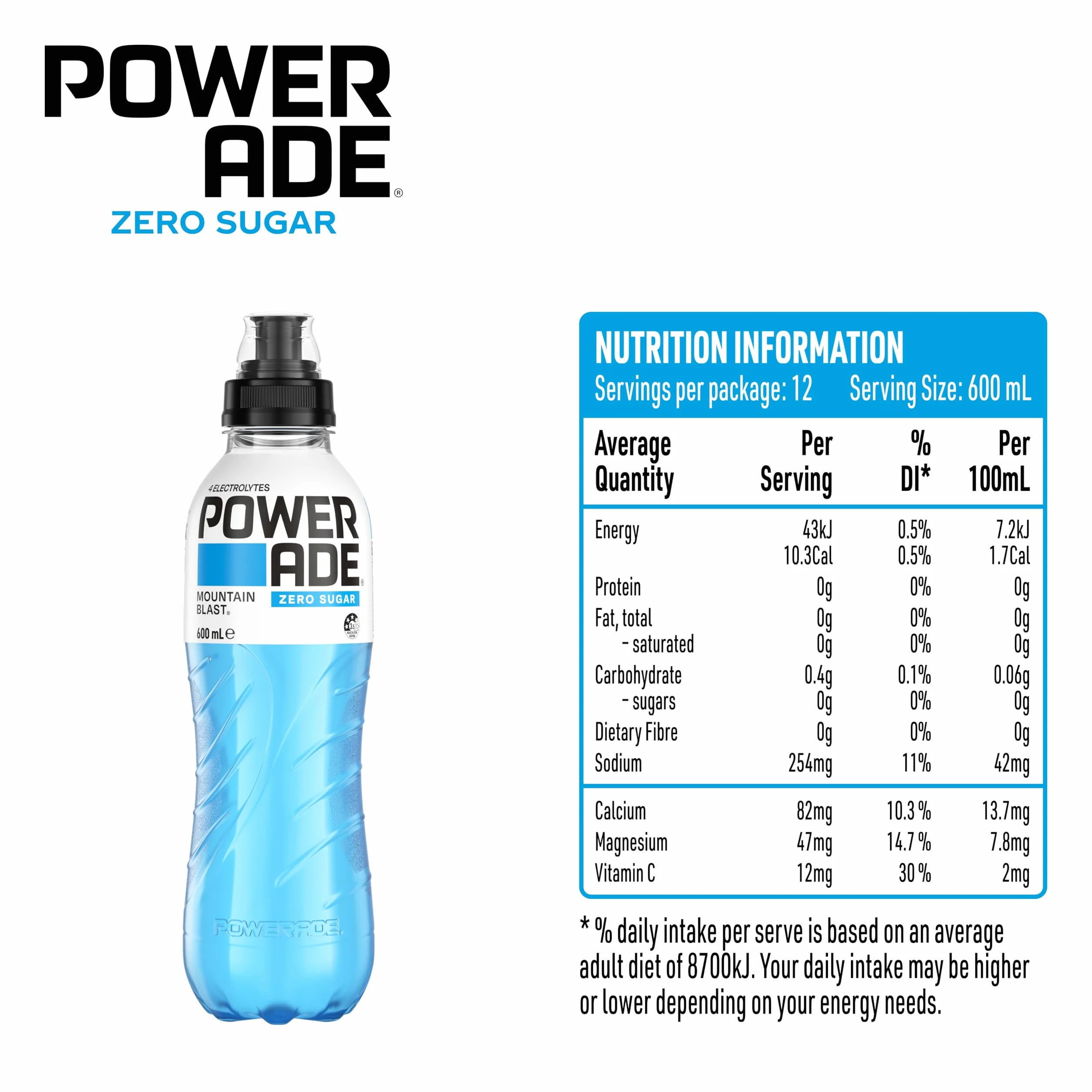 Powerade ION4 Mountain Blast Zero Sugar Sport Drink Multipck Bottiglie con tappo Sipper 12 x 600 ml