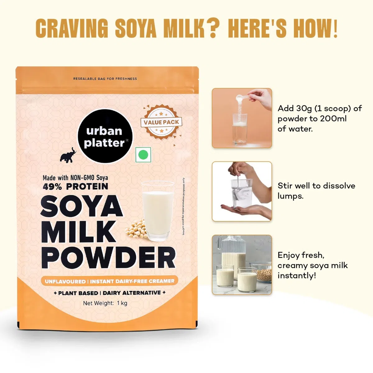 Latte di soia in polvere, 1 kg [alternativa a base vegetale/latte, non OGM e 49% di proteine]