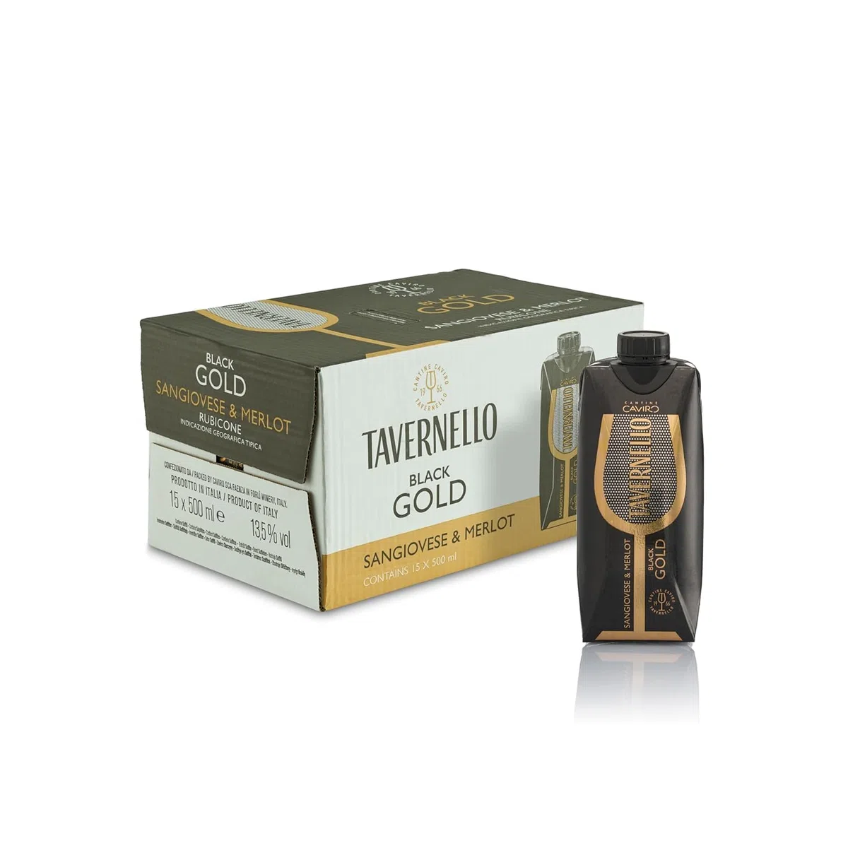 Tavernello Black Gold Vino Rosso Sangiovese Merlot Rubicone IGT, 13.5% Vol, Confezione con 15 Brik da 500 ml