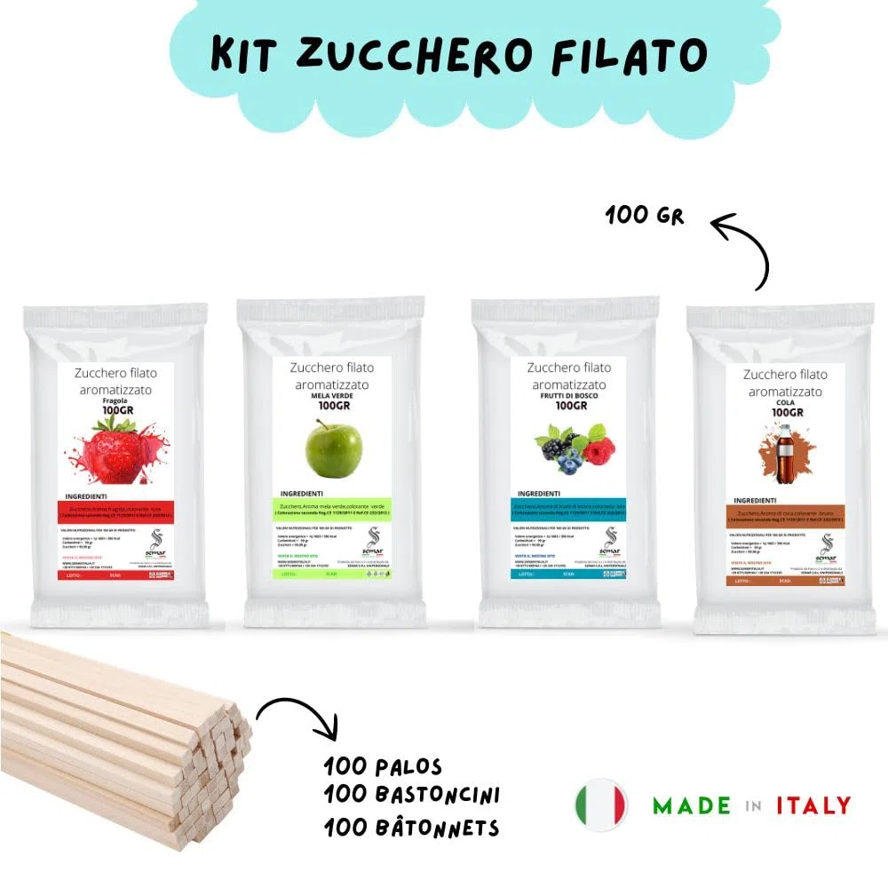 SEMAR | Zucchero per zucchero filato - 4 GUSTI di ZUCCHERO aromatizzato (1conf /100gr cad) + 100 bastoncini OMAGGIO (Fragola/Cola/Frutti di Bosco/Mela Verde)