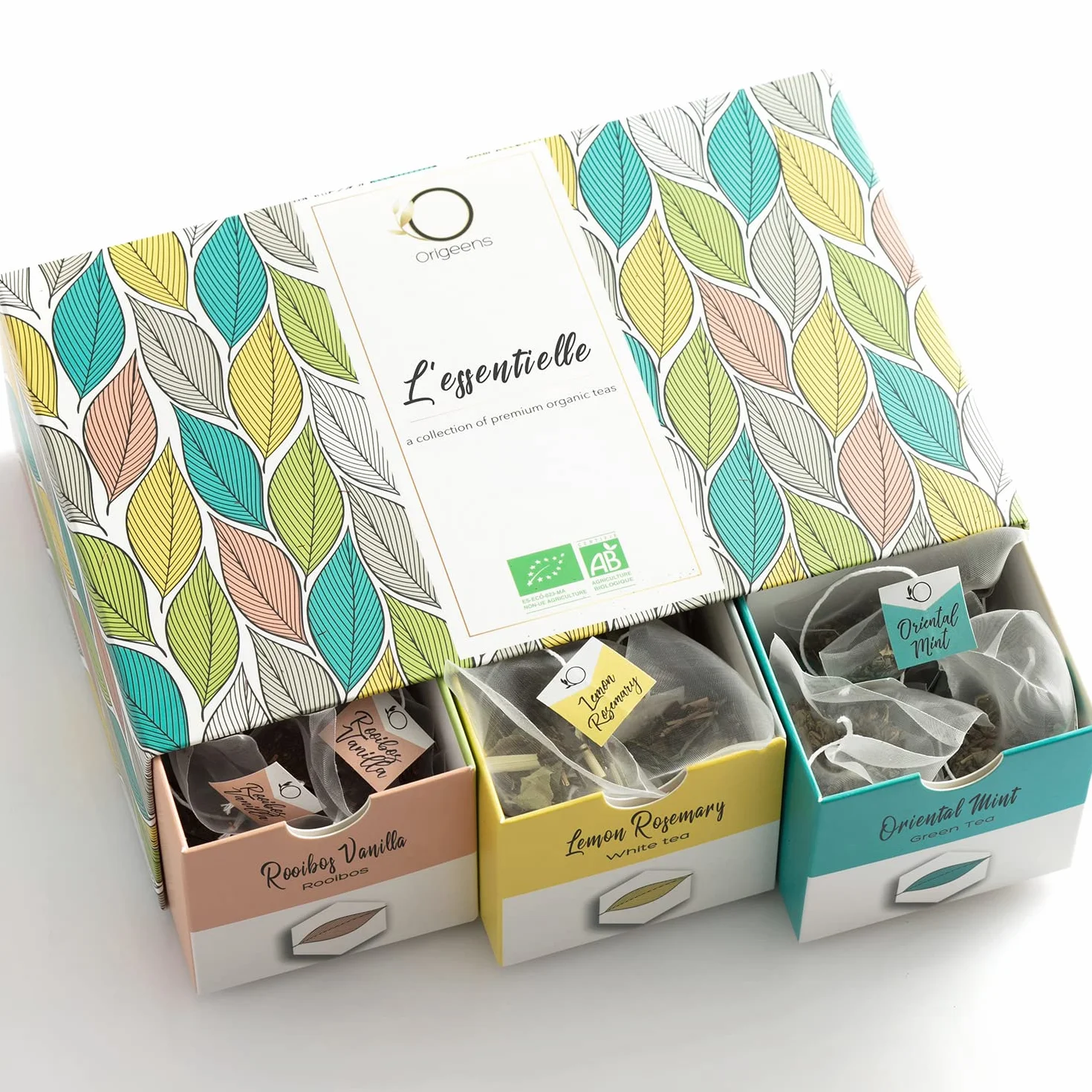 ORIGEENS Cofanetto TE BIO L’ESSENTIELLE | Assortimento di Te Verde, Nero, Bianco, Rooibos | Confezione Regalo 48 bustine di tè piramidali