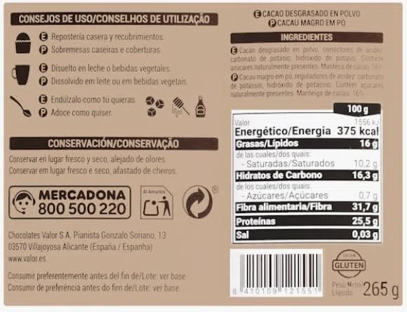 Cacao Puro in Polvere 100% Naturale, Senza Zuccheri Aggiunti, Desgrasado, Vegano, Senza Glutine, Senza Lattosio, 265g, pack 2