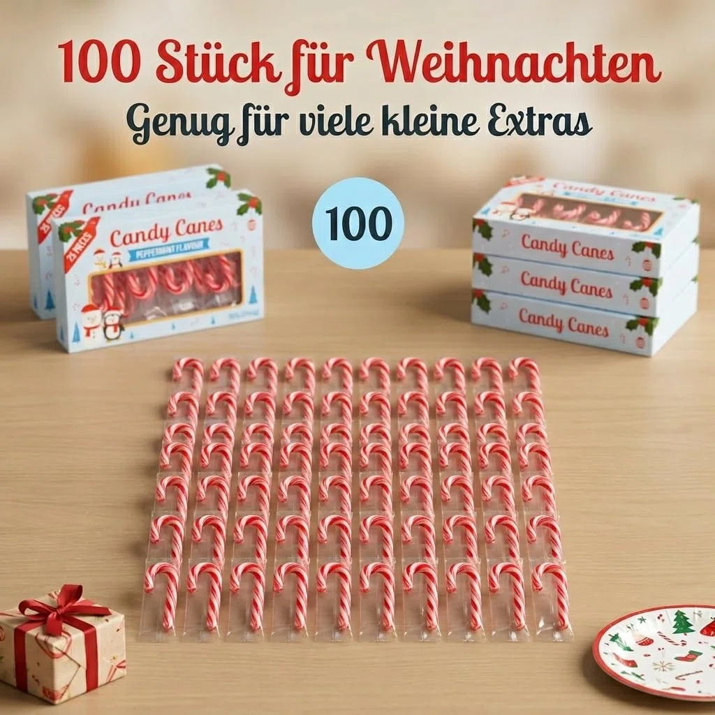 MIJOMA Mini bastoncini di zucchero 100 pezzi – sapore di menta piperita – caramelle di Natale – 4 confezioni da 25 pezzi – vegan halal senza glutine – rosso bianco – classico Candy Canes