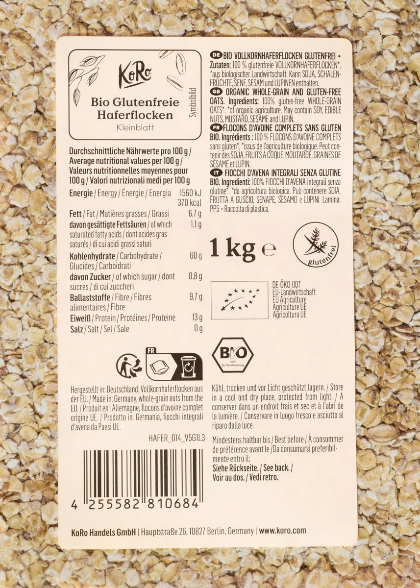 KoRo - Fiocchi piccoli di avena bio senza glutine 4 x 1 kg - senza glutine - per porridge e smoothie - consistenza tenera