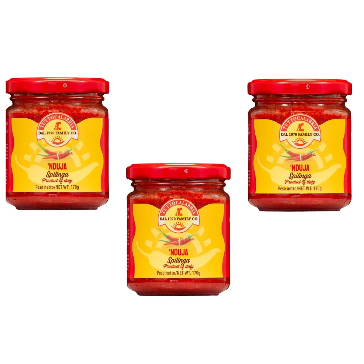Tutto Calabria - Nduja di Spilinga Artigianale, Salame Spalmabile e Cremosa in Vasetto da 170g - Ideale per aperitivi bruschette e pizza (Confezione da 3)