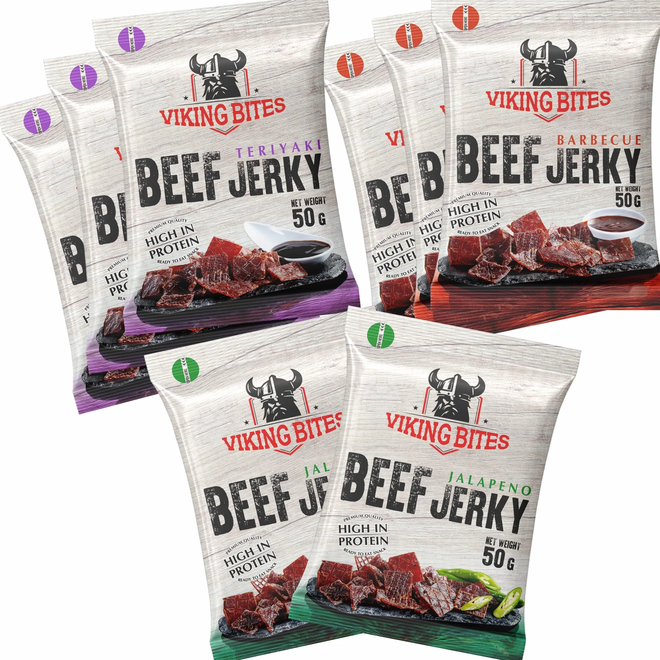 Viking Bites Beef Jerky Mixed box 400 g (8 x 50 g) – 3x Barbecue, 3x Teriyaki, 2x Jalapeno – Manzo essiccato – Snack a base di carne con alto contenuto proteico