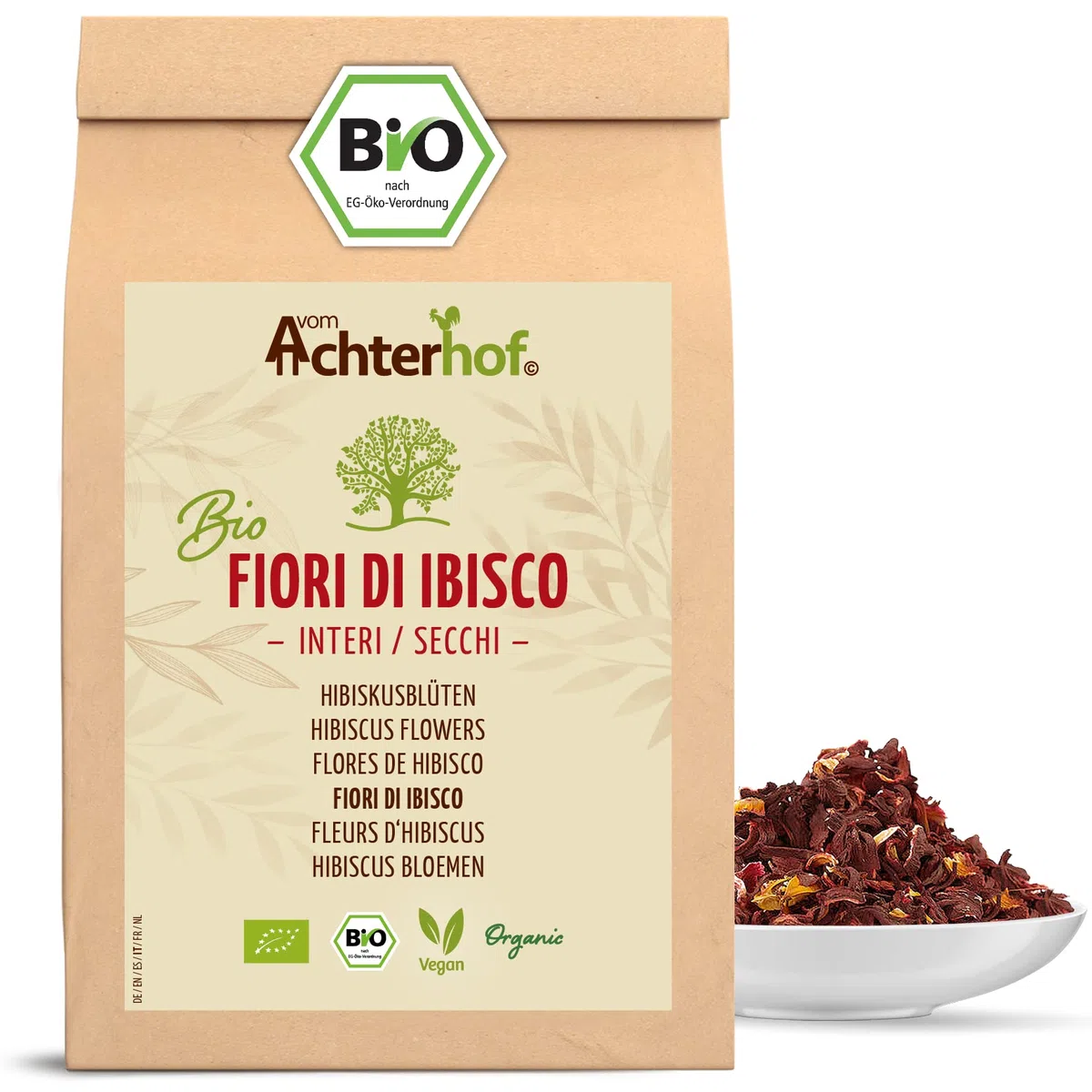 Fiori di ibisco biologici secchi interi 1000g | gusto leggermente acido-fruttato | in qualità biologica | tè di ibisco dolce-aromatico | ideale per insalate, dessert, torte, joguhrts | vom Achterhof