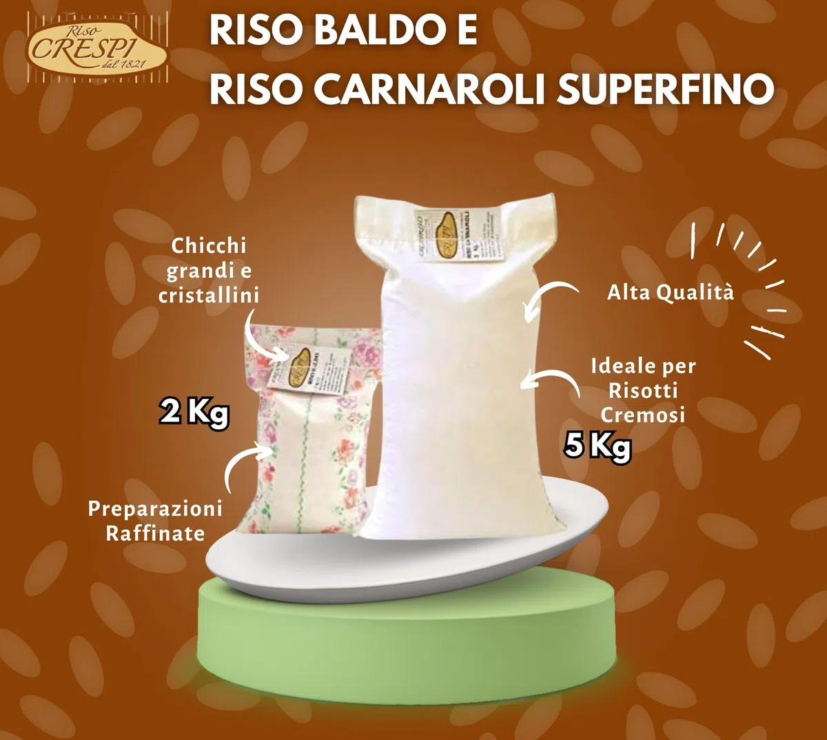 Crespiriso - Offerta Risotti: Riso Carnaroli 5kg e Riso Baldo 2kg - Riso Superfino Italiano di Alta Qualità, Ideale per Risotti Cremosi, Insalate, Timballi, Minestre e Piatti Gourmet
