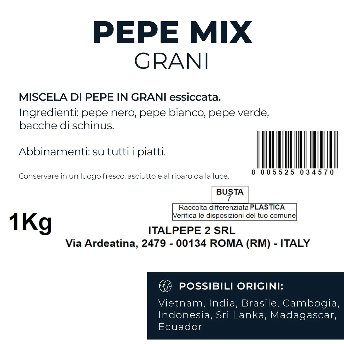 Italpepe, Pepe Mix Grani, Ideale per Dare un Sapore Leggermente Piccante ai Tuoi Piatti, Ottimi per Piatti a Base di Pesce e Secondi, Funghi, Salse e Zuppe, Confezione da 1 kg