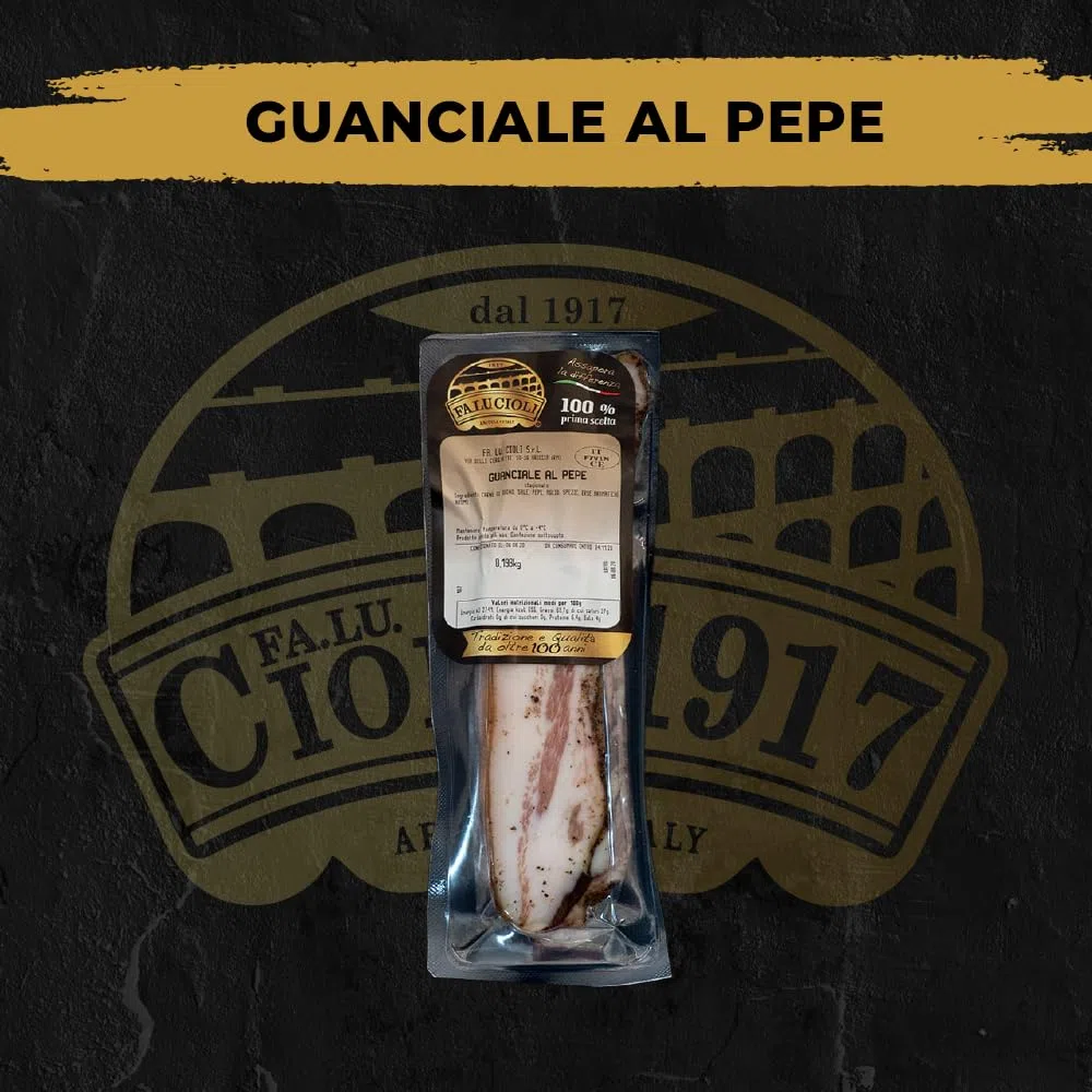 FA.LU.CIOLI Guanciale di Maiale con Pepe - Made in Italy IGP - Sottovuoto - Salumi Artigianali Italiani Senza Lattosio e Gluten Free - Tradizione e Qualità da Oltre 100 Anni - 1kg